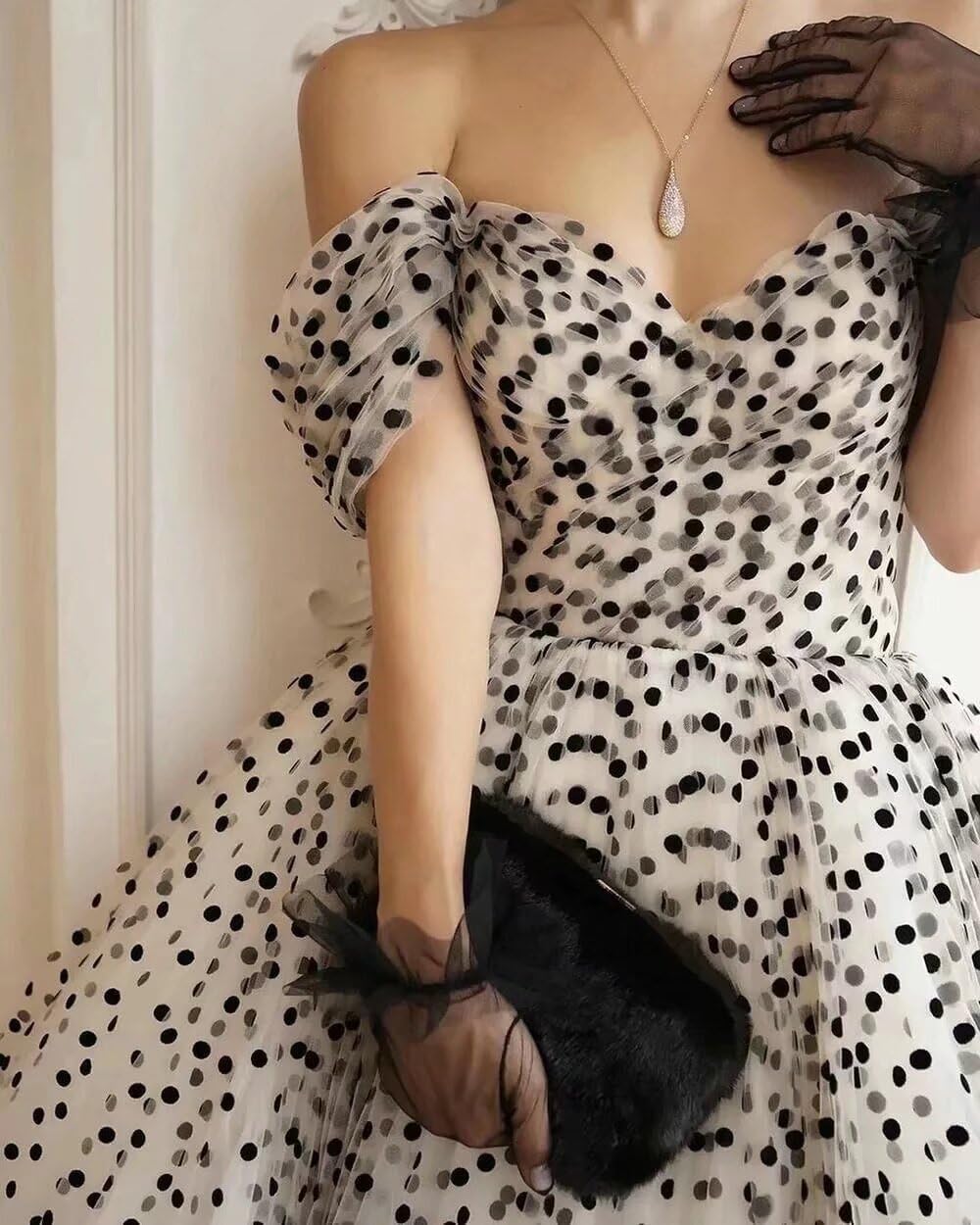 Dydsz Vintage Polka Dots Tulle Prom Dress for Women Elegant Evening Dresses Off Shoulder Formal Party Gown Tea Length