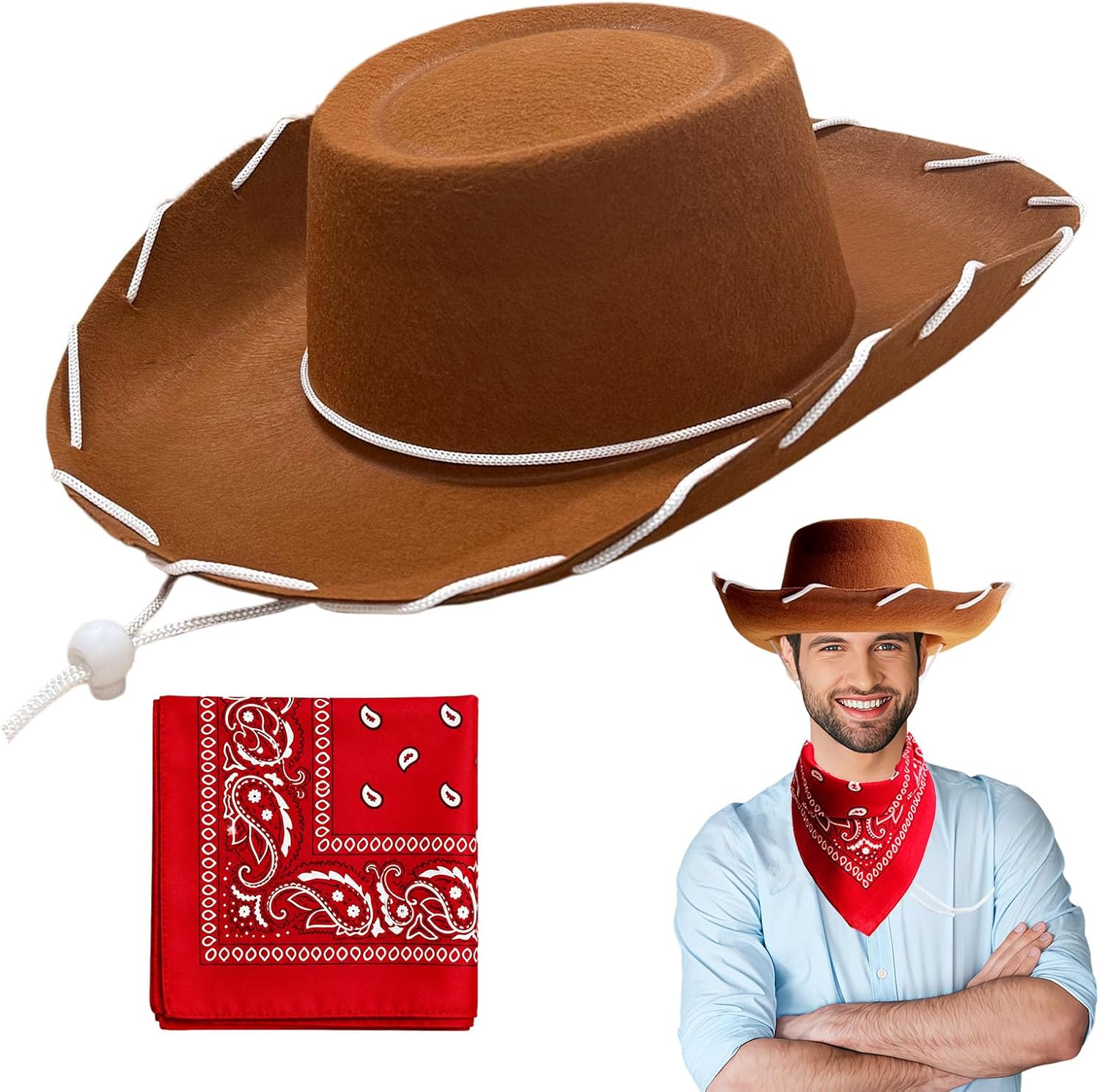 Cowboy Hat Set,Western Sheriff Costume Hats and Bandana for Men Women | Brown Wild West Wide Brim Cowgirl Hat for Halloween Costume Themed Party