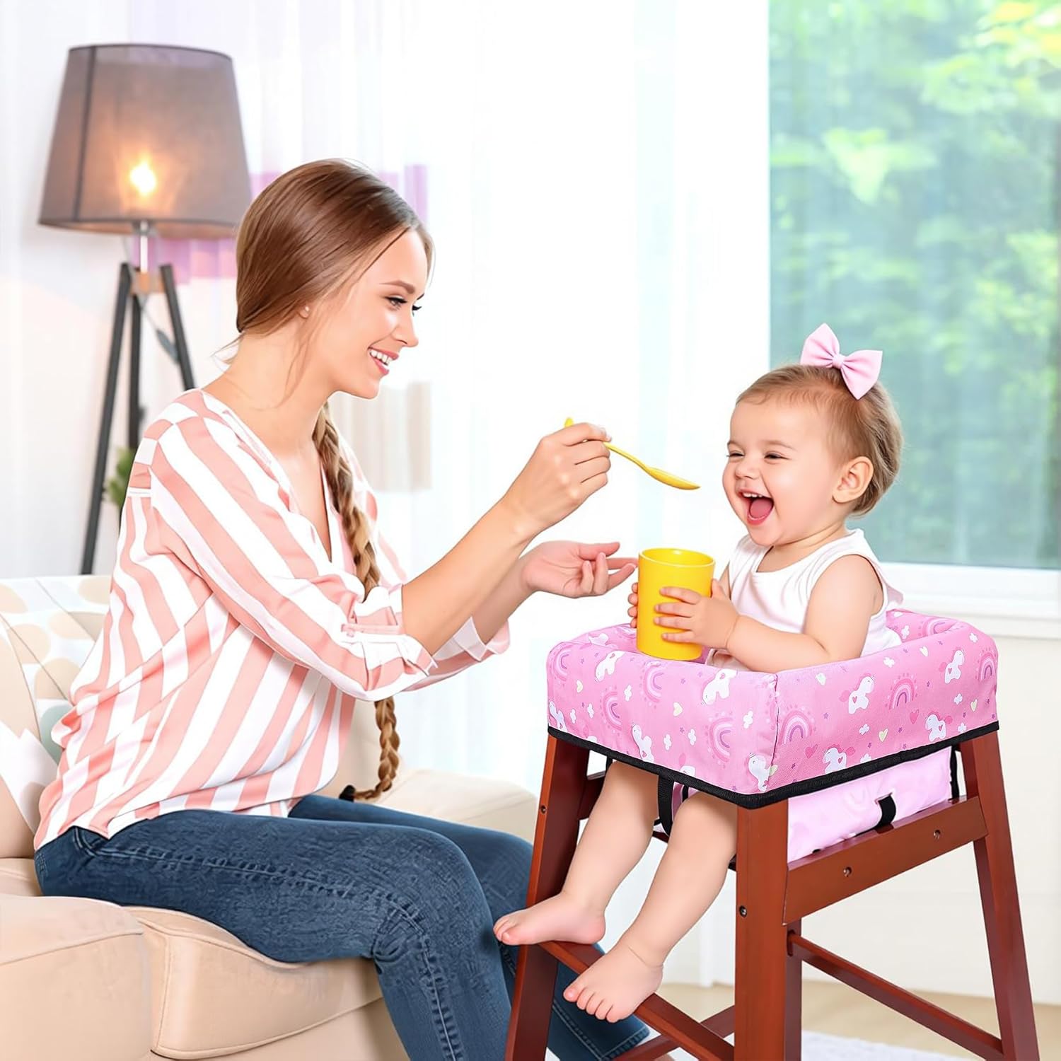 High Chair Cover, Baby High Chair Cover for Restaurants, Waterproof Portable Highchair Covers with 3-Point Harness for Eating, Travel, Home, Machine Washable, Fits Wooden Chairs (Pink)