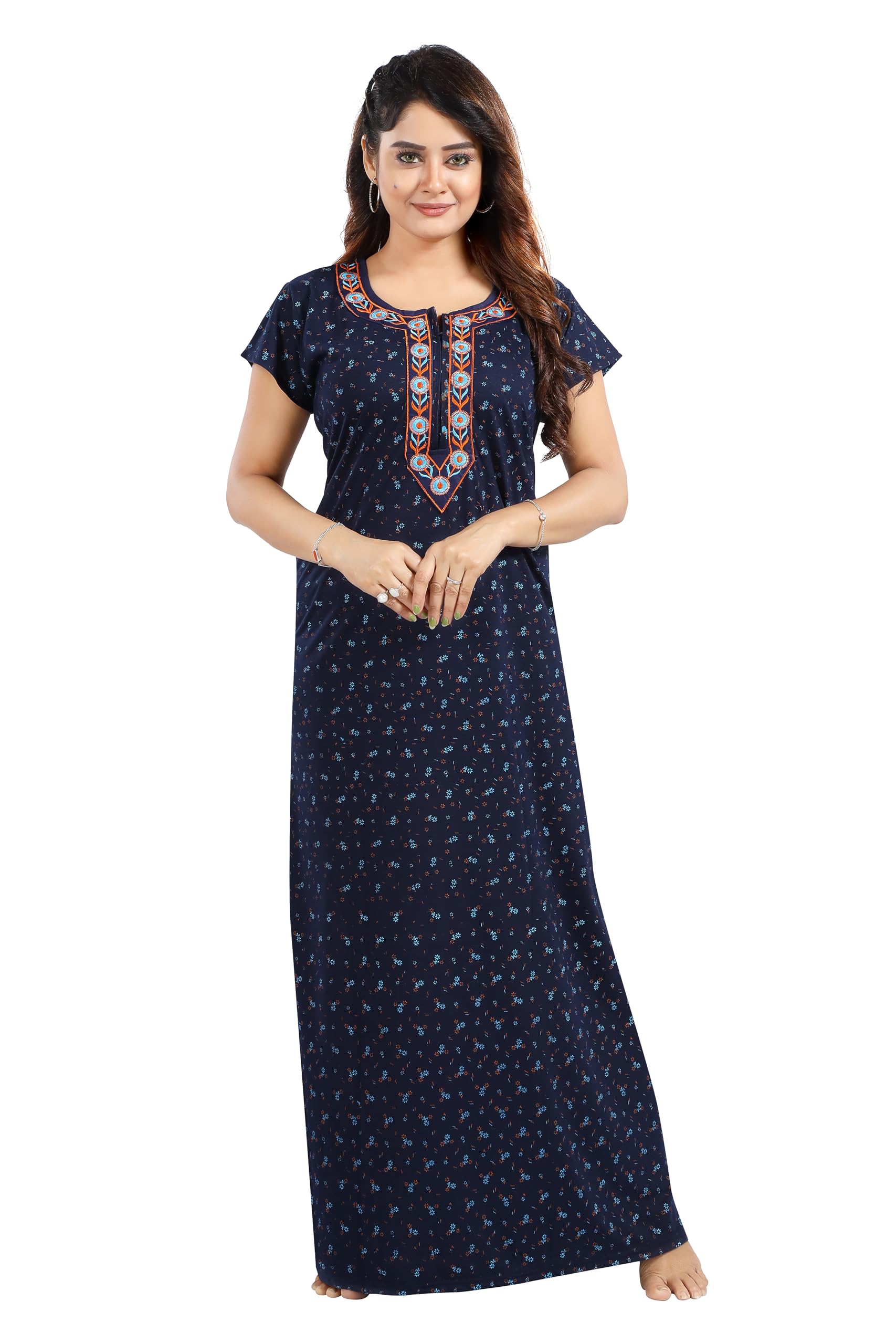 Women's Hosiery Cotton Nighty| Half Sleeves | Night Wear | Maxi for Women | Size-X-Large, Round Shaped Neck (Article-SK-024B) Blue