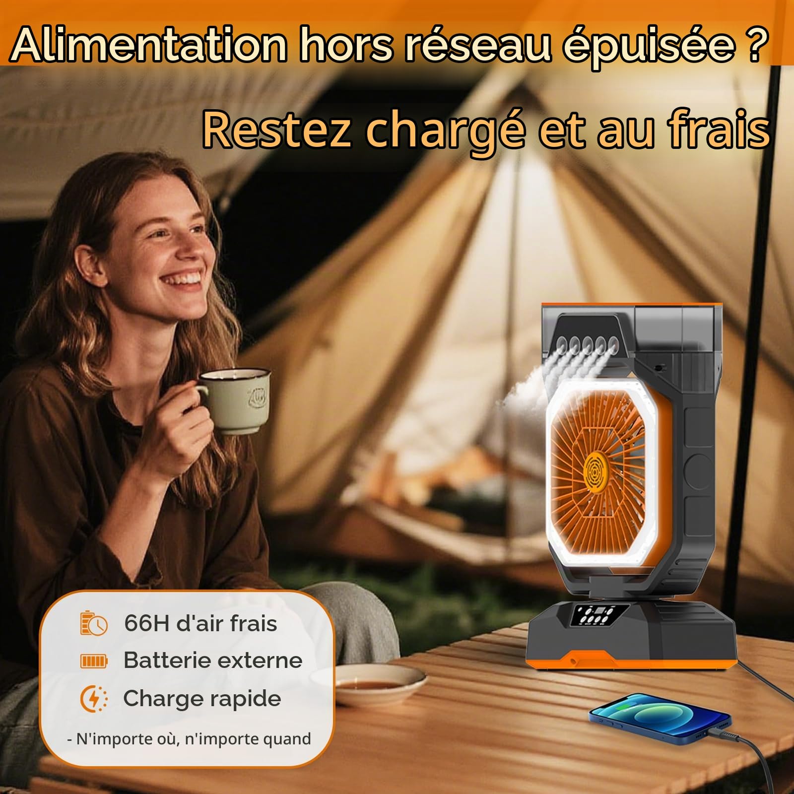 Ventilateur brumisateur rechargeable pour camping et maison - Ventilateur de refroidissement portable à 6 vitesses avec brume réglable, boîte d'aromathérapie, minuterie de 8 heures, batterie à charge