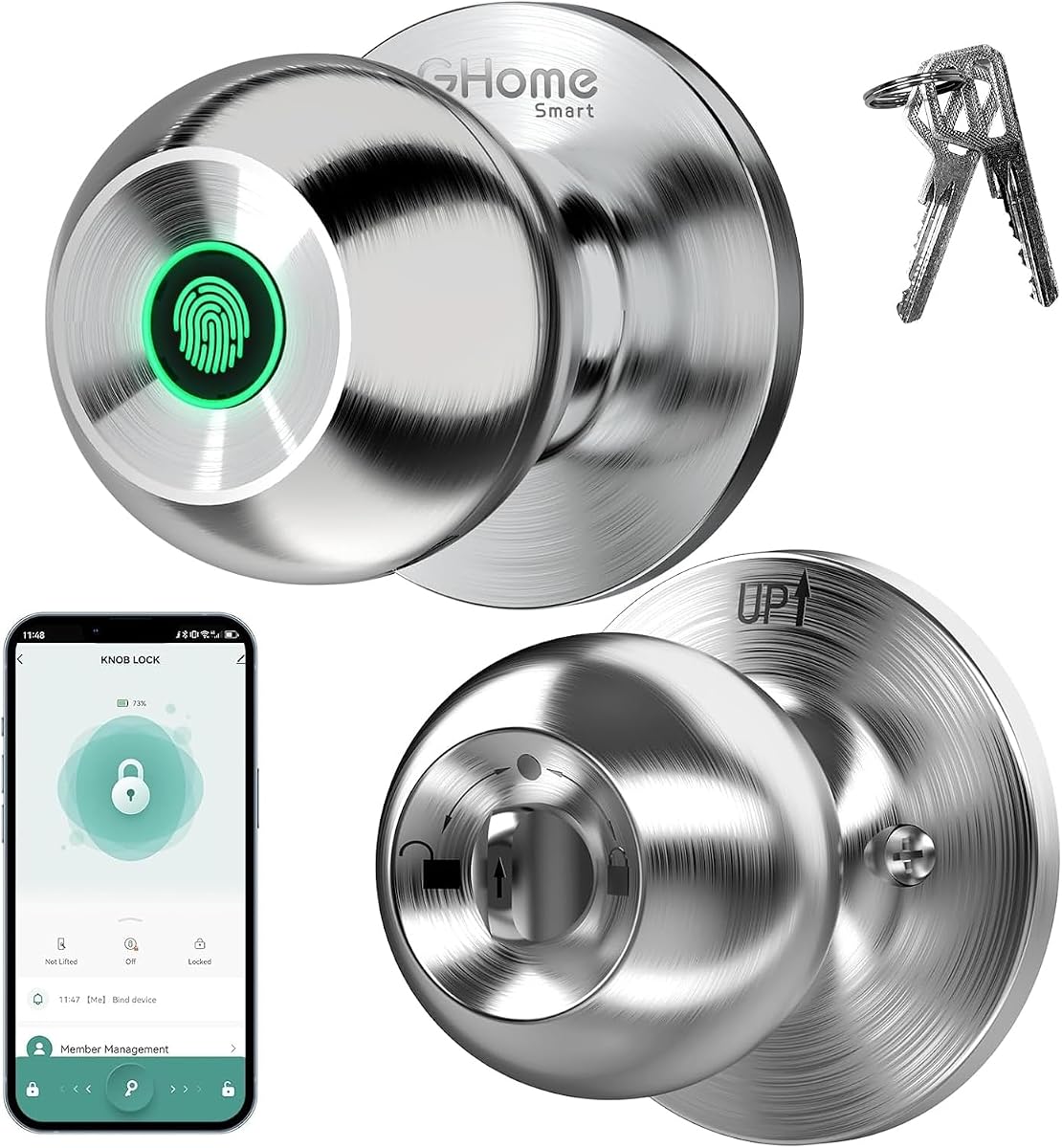 GHome Cerradura de puerta inteligente con huella digital, 3 en 1, pomo de puerta inteligente con control de aplicación y llave, bloqueo automático, pomos de puerta biométricos con cerradura para dormitorio, garaje, hogar y oficina