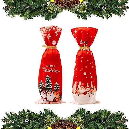 Miniatura 9 de Yahpetes Vestido de botella de vino de Feliz Navidad – 2 bolsas de cubierta de botella de vino tinto con cordón para decoraciones de fiesta de