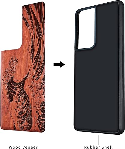 Miniatura 3 de Carveit Funda de madera para Galaxy S21 Ultra madera real dura y TPU suave a prueba de golpes, funda protectora de madera única híbrida compatible