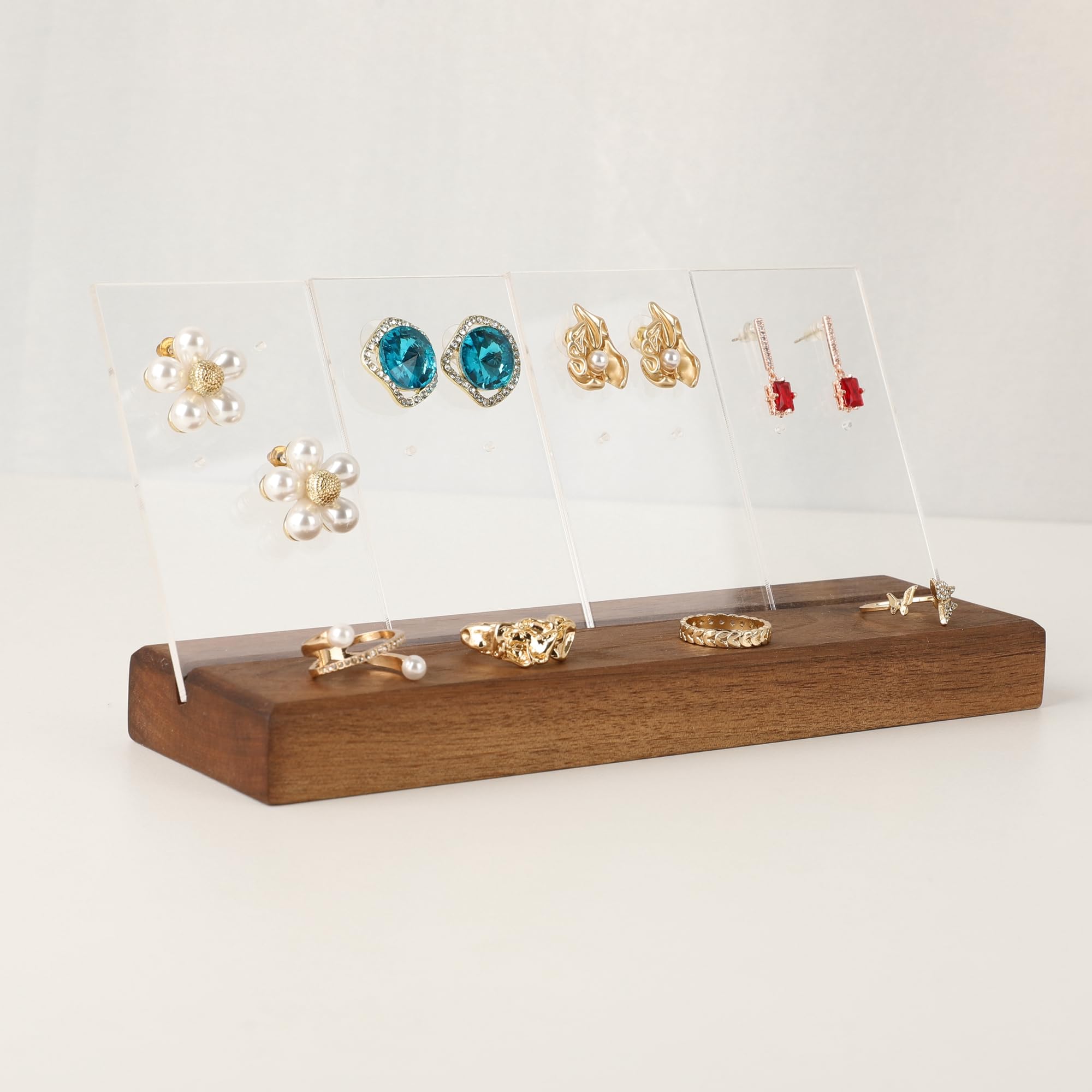 GemeShou walnut acrylic earring stands and displays for shows, wooden earring stud holders for selling, small jewelry display stands for women?Walnut stand with 4pcs acrylic studs cards?