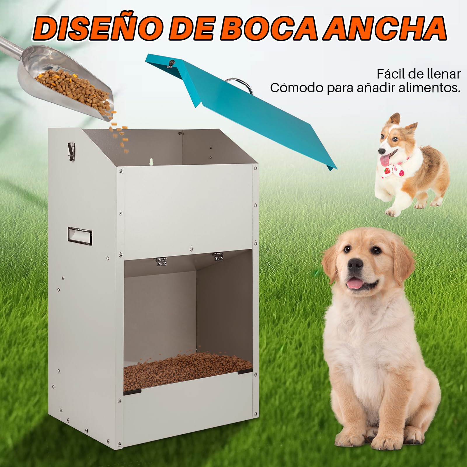 Alimentador automático para Grandes Perros de 50 lbs, alimentador automático Exterior, Distribuidor de Alimentos para Grandes Perros, alimentador de Gravedad galvanizado de Gran Capacidad para