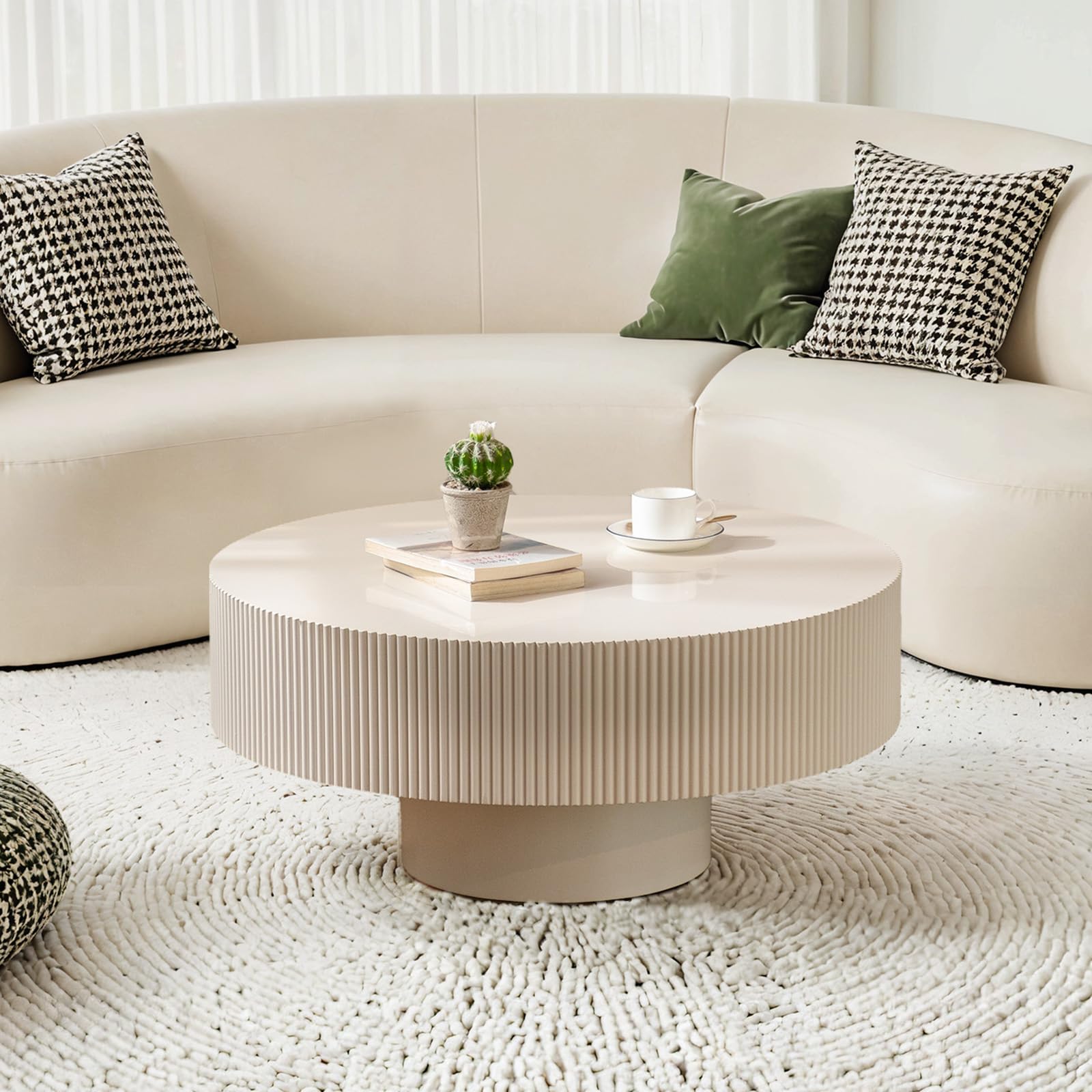 Rztpys Beige D78.5cm Round Drum Coffee Table With Sturdy Pedestal, Modern Wooden Fluted Coffee Table, Circle Center Table Accent Tea Table For Living Room Apartment Office Reception Room,