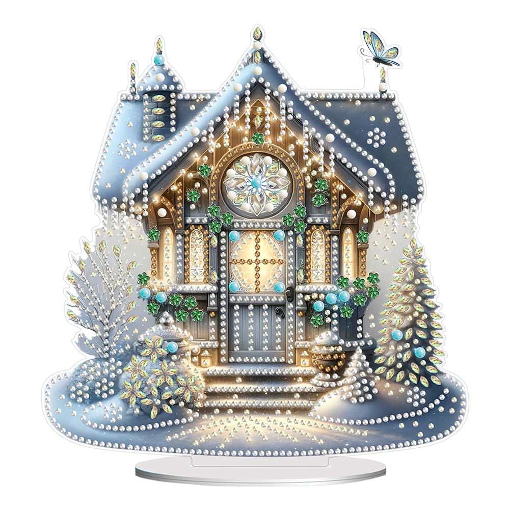 AMZGSHOP 5D DIY Christmas Diamond Painting Tabletop Ornament, Snowman Light House Acrylic Desk Decoration, Xmas Desktop Ornament Craft Gift for Adults & Kids