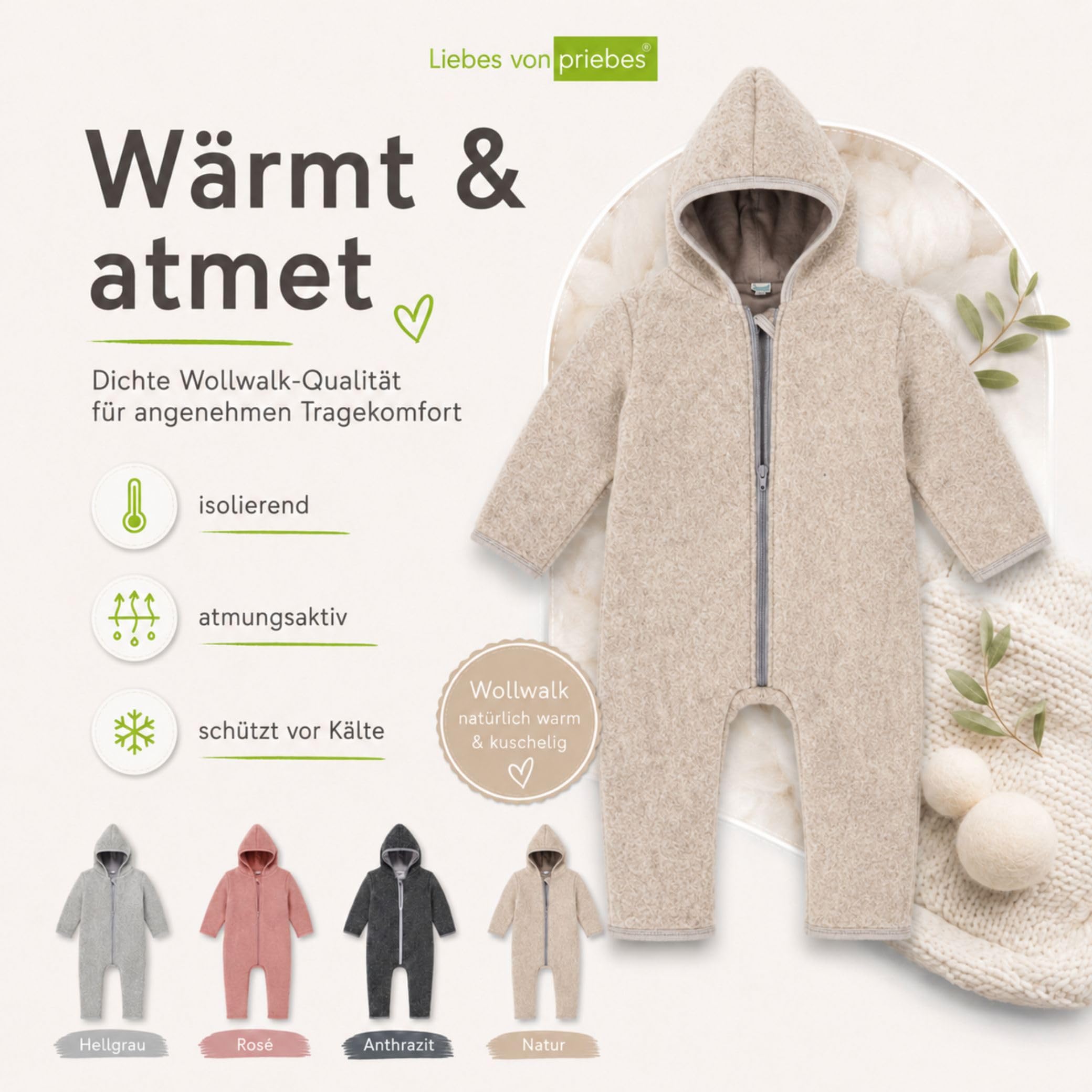 WALKOVERALL Wanda | Wollwalk aus Natur Schurwolle mit Reißverschluss | Warmer Woll-Anzug für Kleinkind & Baby | Babyoverall | Perfekt für den Winter & kalte Tage
