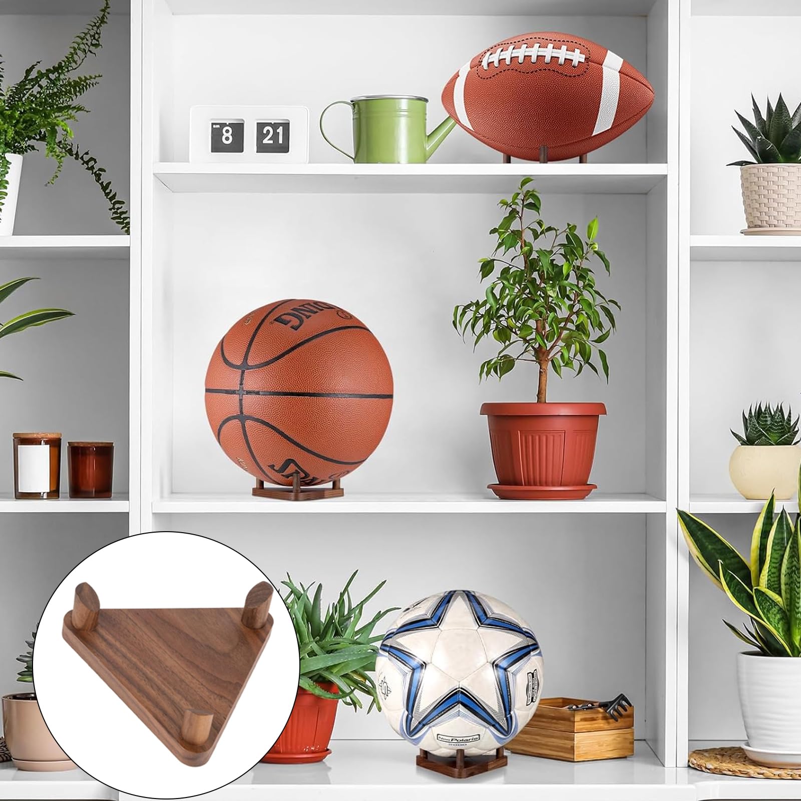Support de ballon stable en bois - Support de ballon debout pour football, basketball et rugby - Organiseur de ballon robuste pour la présentation et le rangement - 1