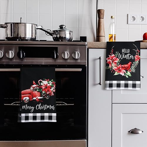 Miniatura 6 de Bencailor Juego de 6 piezas de cocina de cardenal de Navidad, diseño de búfalo blanco y negro, a cuadros, para toallas de mano, ollas y guantes de