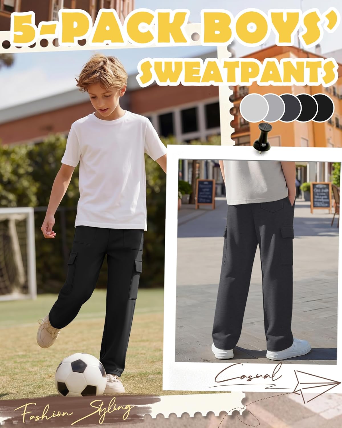 5 Pack Boy's Cargo Sweatpants Straight Leg Baggy Open Bottom Pants Athletic Joggers with 5 Pockets