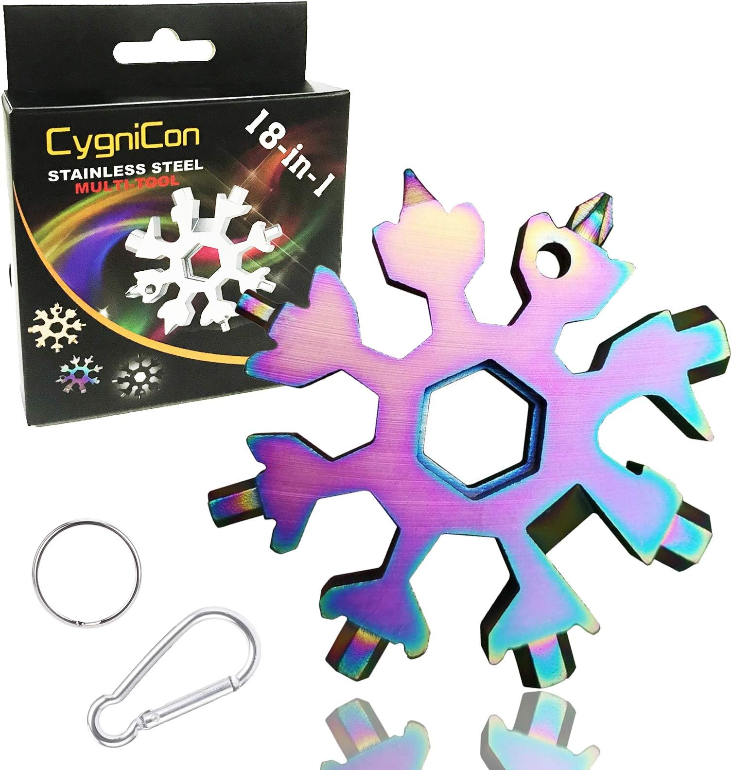 CygniCon 18-in-1 Snowflake Multi Tool, Stainless Steel Snowflake Wrench, Snowflake Screwdriver with Key Ring and Carabiner, Durable and Portable to Take, Great Christmas gift for Men(Multicolor)