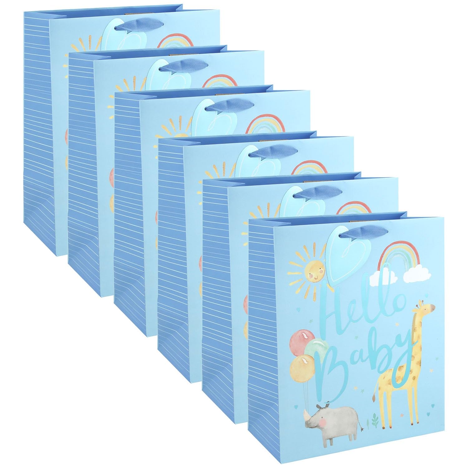 Eurowrap Hello Baby Boy Blue Large Gift Bags Pack of 6 with Foil Detail, Ribbon Handles and Gift Tags, Baby Shower Supplies and Newborn Gifts