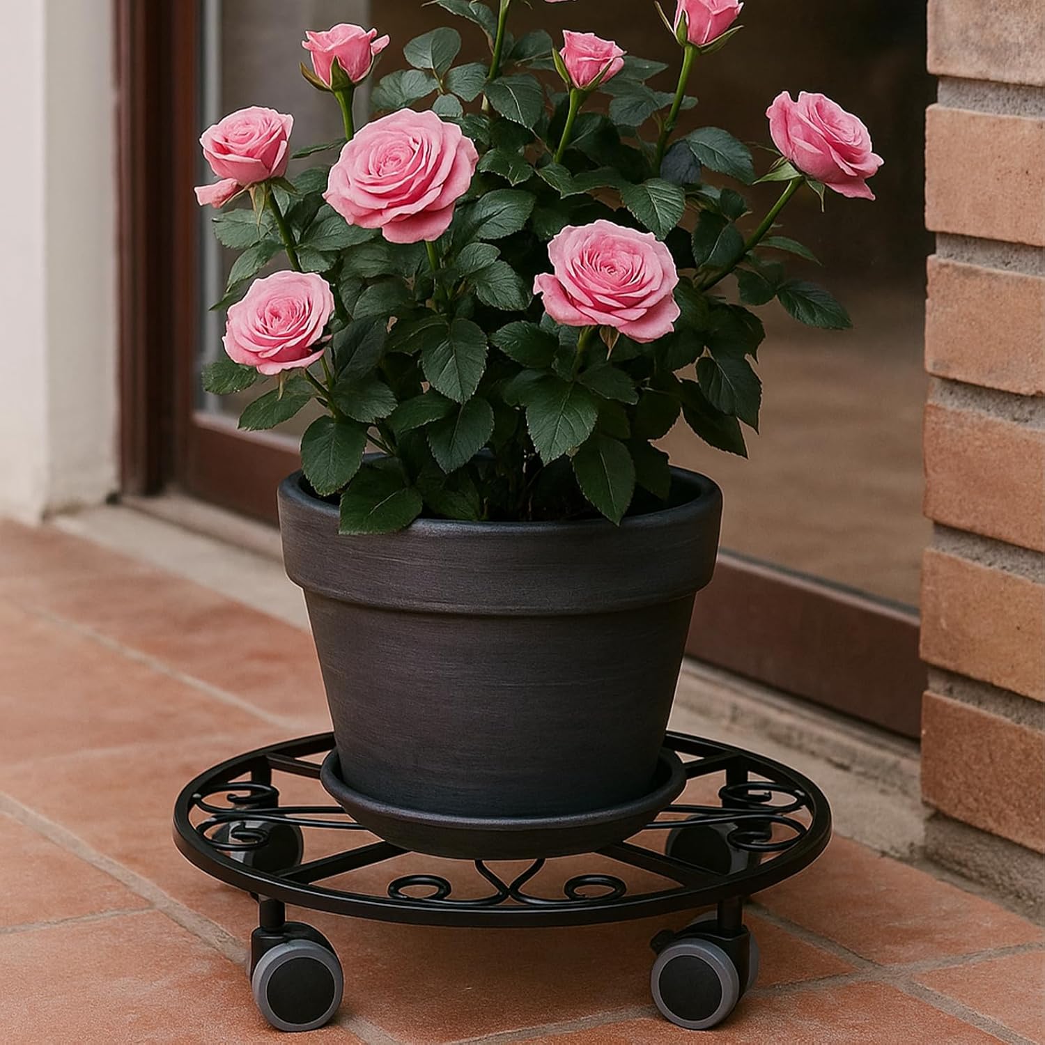 5 Pack Plant Caddy with Wheels Heavy Duty 16 Inch Large Metal Plant Stand with Wheels Plant dolly Rolling Plant Stand Plant Roller with Casters for Indoor and Outdoor with 5 Pack Plant Saucers, Black