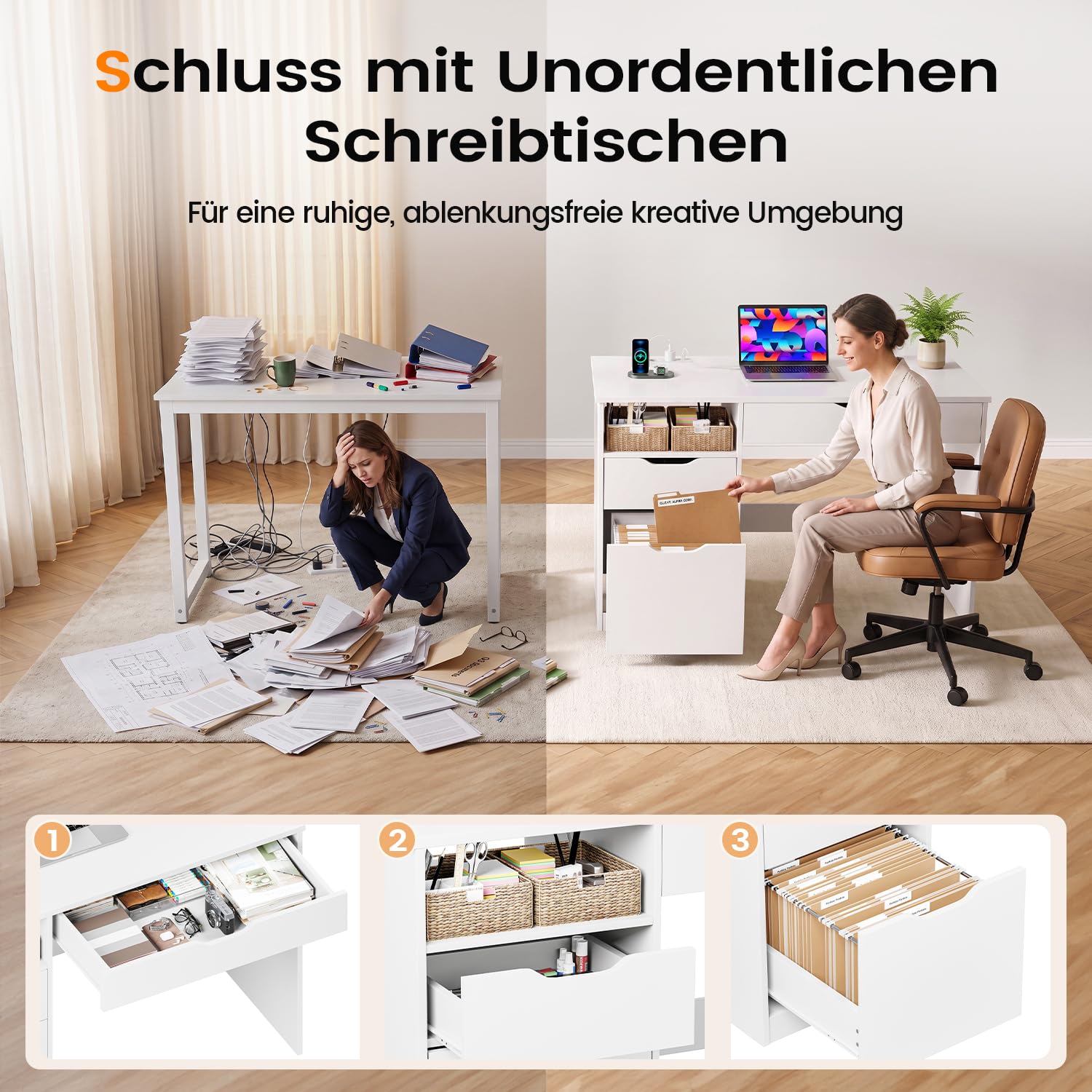 Schreibtisch mit Steckdosen, 3 Schubladen Kinderschreibtisch Klein Weiß