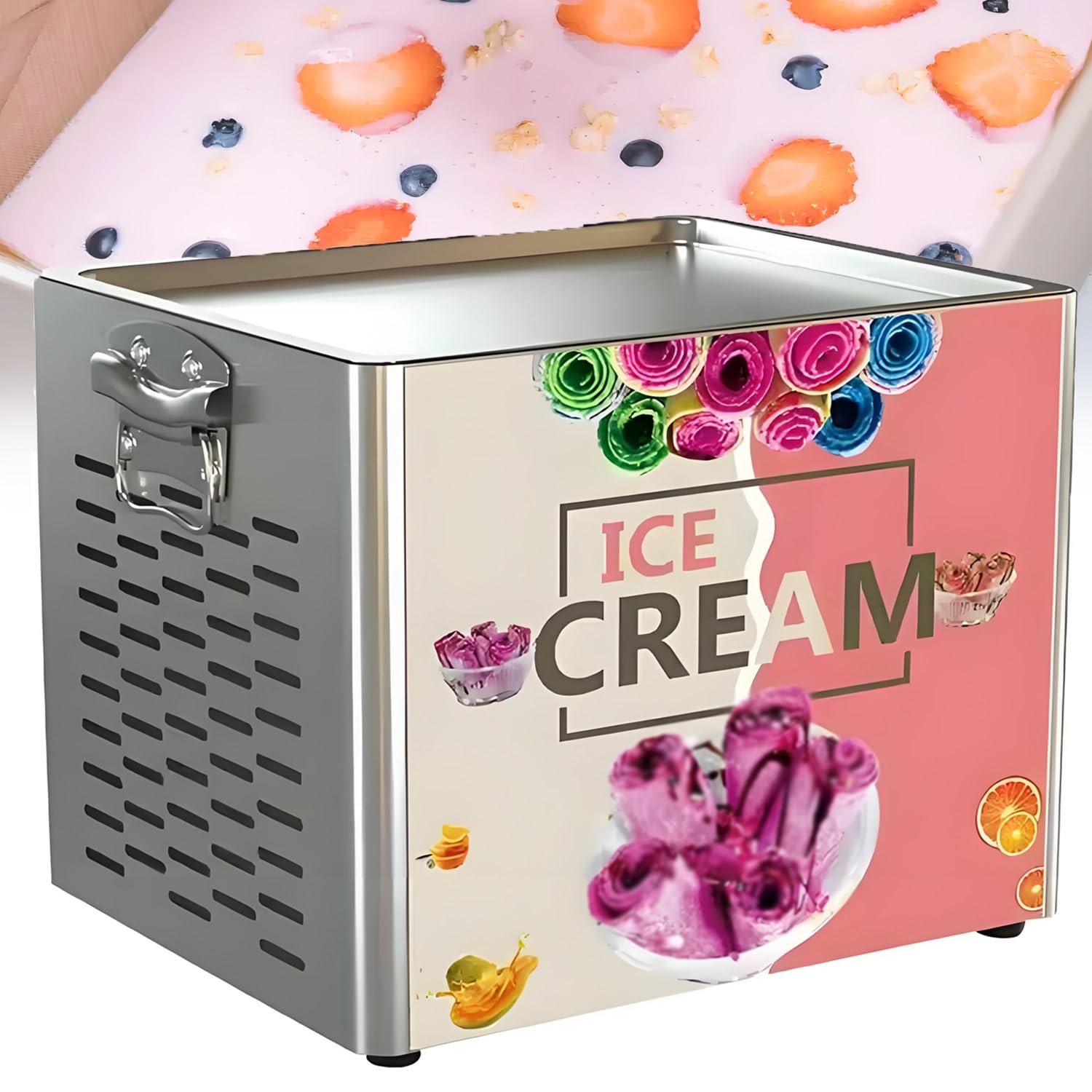QuinteZhenTially 330w Commercial Stainless Steel Frozens Yogurt Machine,Anti-Slip Base Fried Yogurt Machine,30x24 Cm Ice Pan,Even Freezing,for Snack Shops,Dessert Shops,Bars,Food Trucks