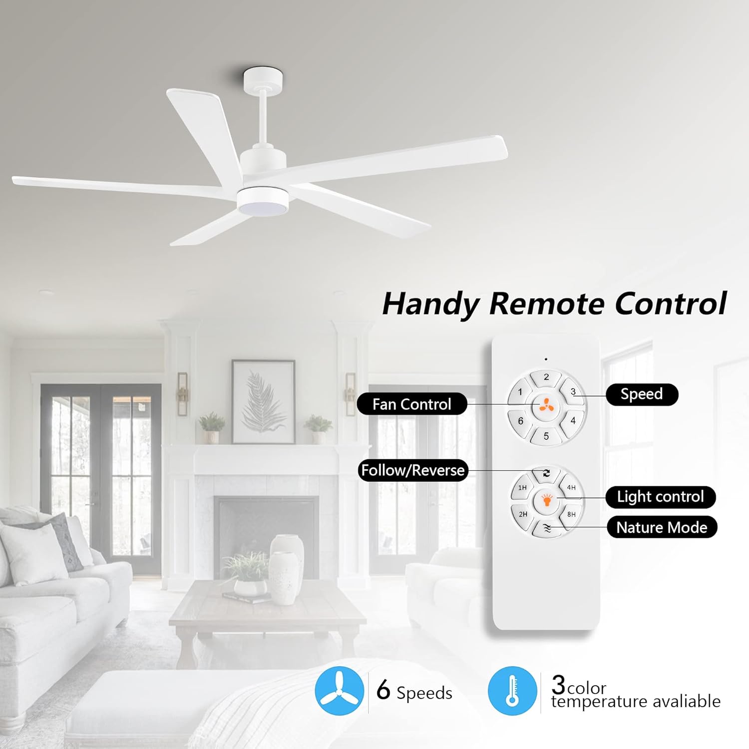 WINGBO 64" DC Ceiling Fan with Lights and Remote Control, 5 Carved Wood Blades, 6-Speed Reversible DC Motor, Modern Ceiling Fan for Bedroom Living Room Kitchen, ETL Listed - Image 2