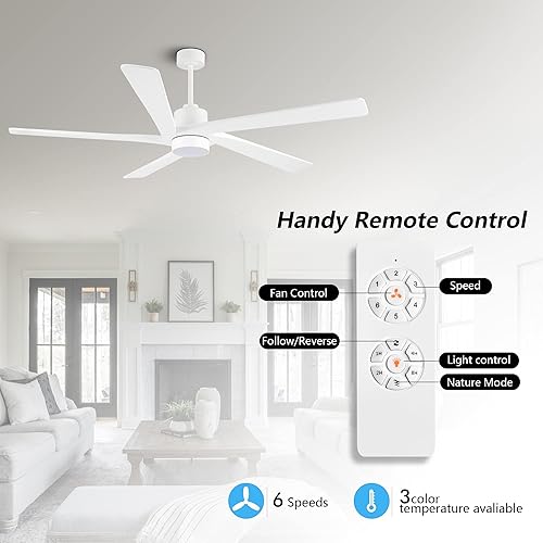 Miniatura 3 de WINGBO Ventilador de techo CC de 54 pulgadas con luces y control remoto, 5 cuchillas de madera tallada, motor CC reversible de 6 velocidades,