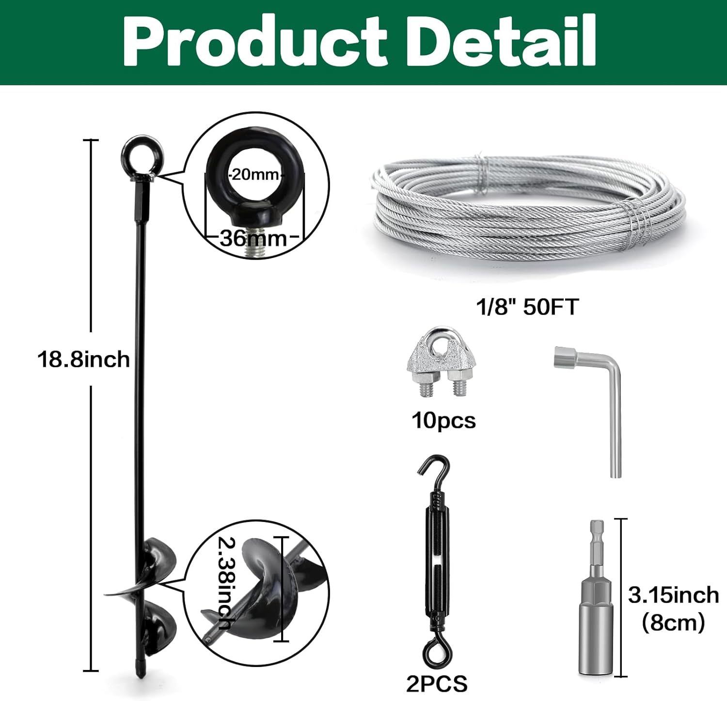 4 Pack 18" Ground Anchors Shed Anchor Kit, Swing Set Anchors Heavy Duty with Galvanized Cable & Turnbuckles, Earth Anchors High Wind Auger Anchors for Sheds Swings Canopy Gazebo Tent