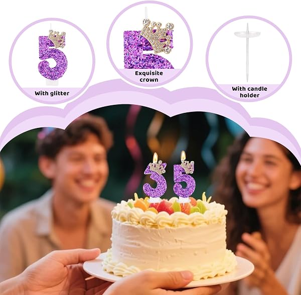 TESGADGETS Bougies d'anniversaire Violettes, Bougies d'anniversaire avec Couronne combinable et Chiffre 5 pour gâteau, Bougie Scintillante avec Le Chiffre 5 pour célébrations Anniversaires - 3
