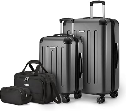 Amazon Basics 4-Piece Luggage Set, Hardside Suitcases with Spinner Wheels, 22 Carry On & 28 Checked, Tote Bag & Travel Bag, Black