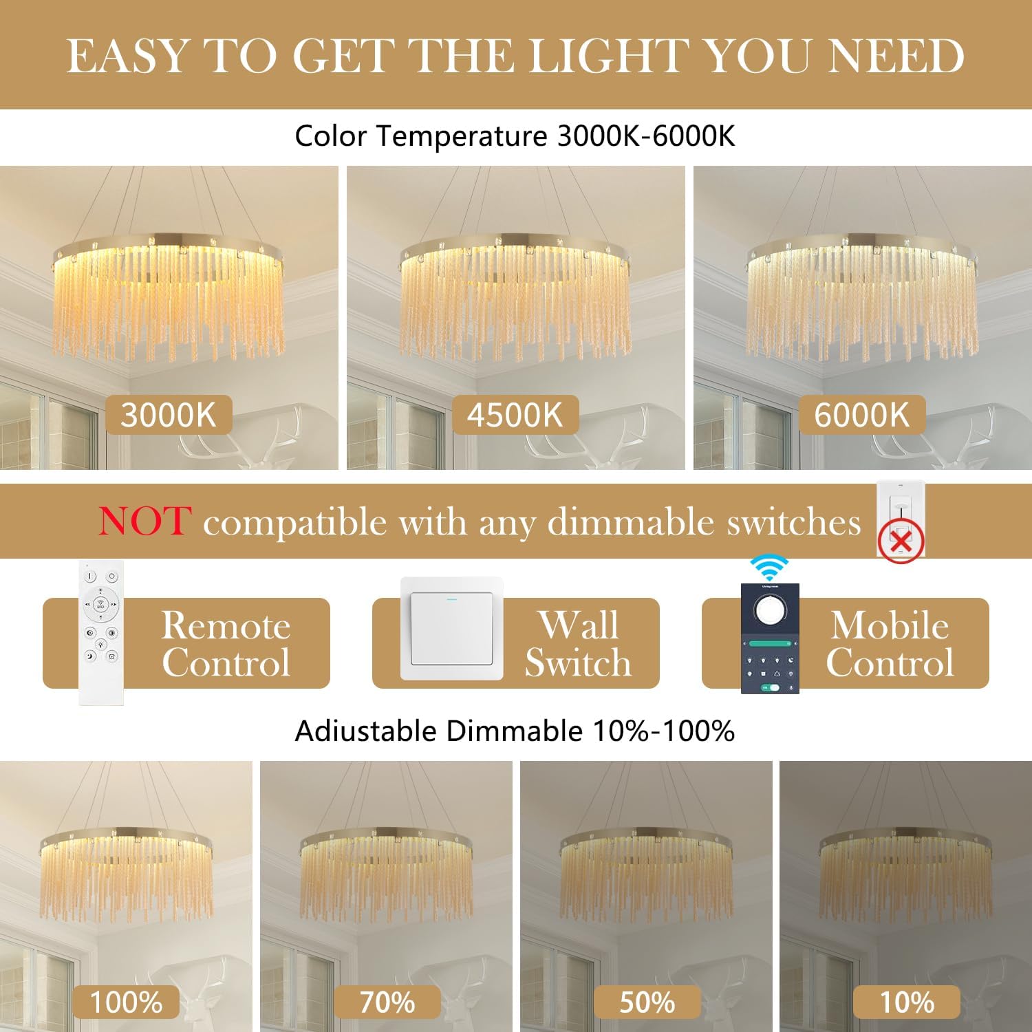 23.6" LED Chandelier for Dining Room Table, 120W Dimmable Round Champagne Gold Crystal Light Fixture, Adjustable Height Foyer Ceiling Lamp with Remote & App, 3000K-6000K Stainless Steel