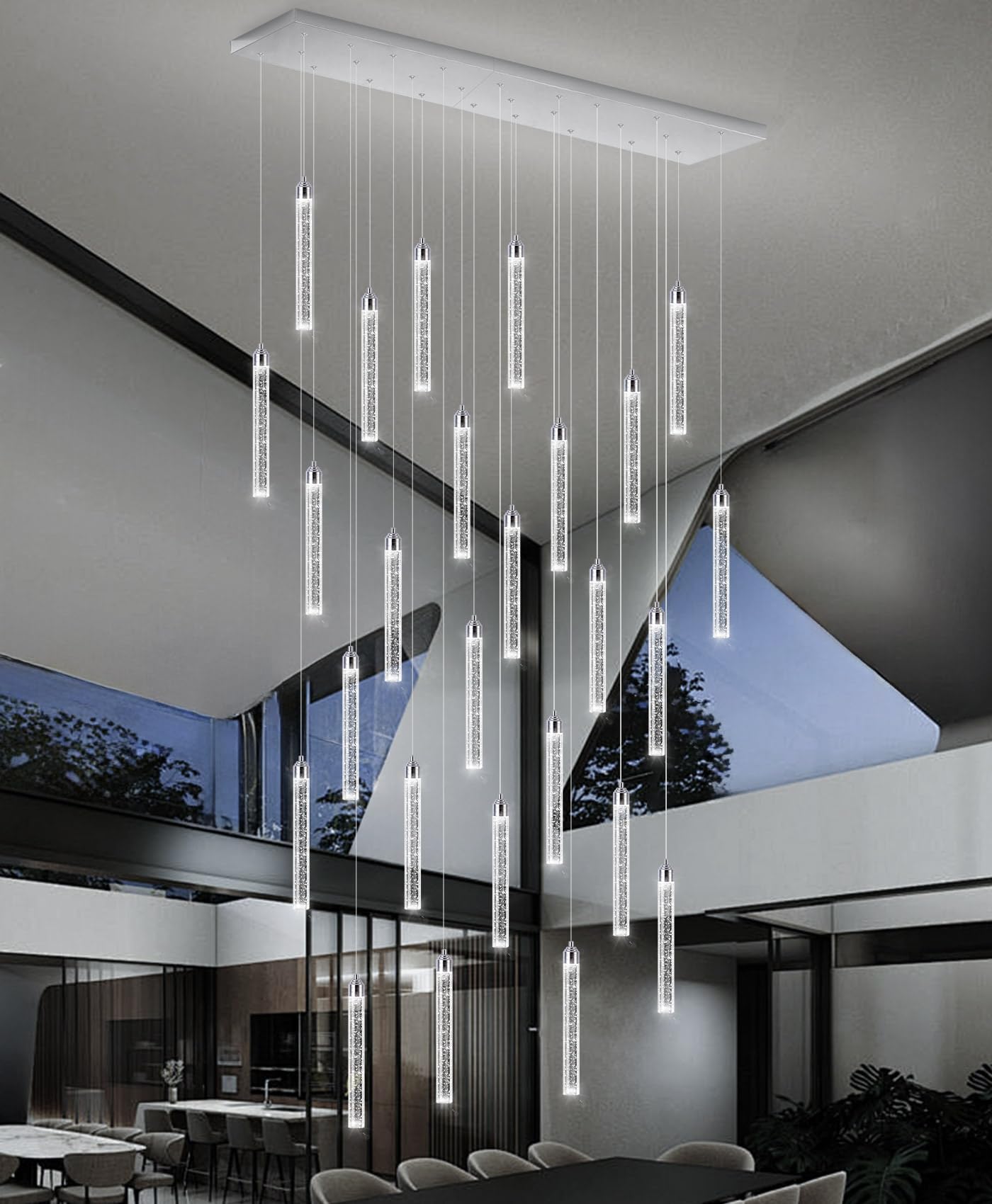 Rectangular Chandeliers 26-Lights Long Light for Entryway LED Dimmable Chandeliers Lighting Fixture Flat Sloped High Ceiling Pendant Lights Crystal for Living Room Foyer Hallway Staircase Silver