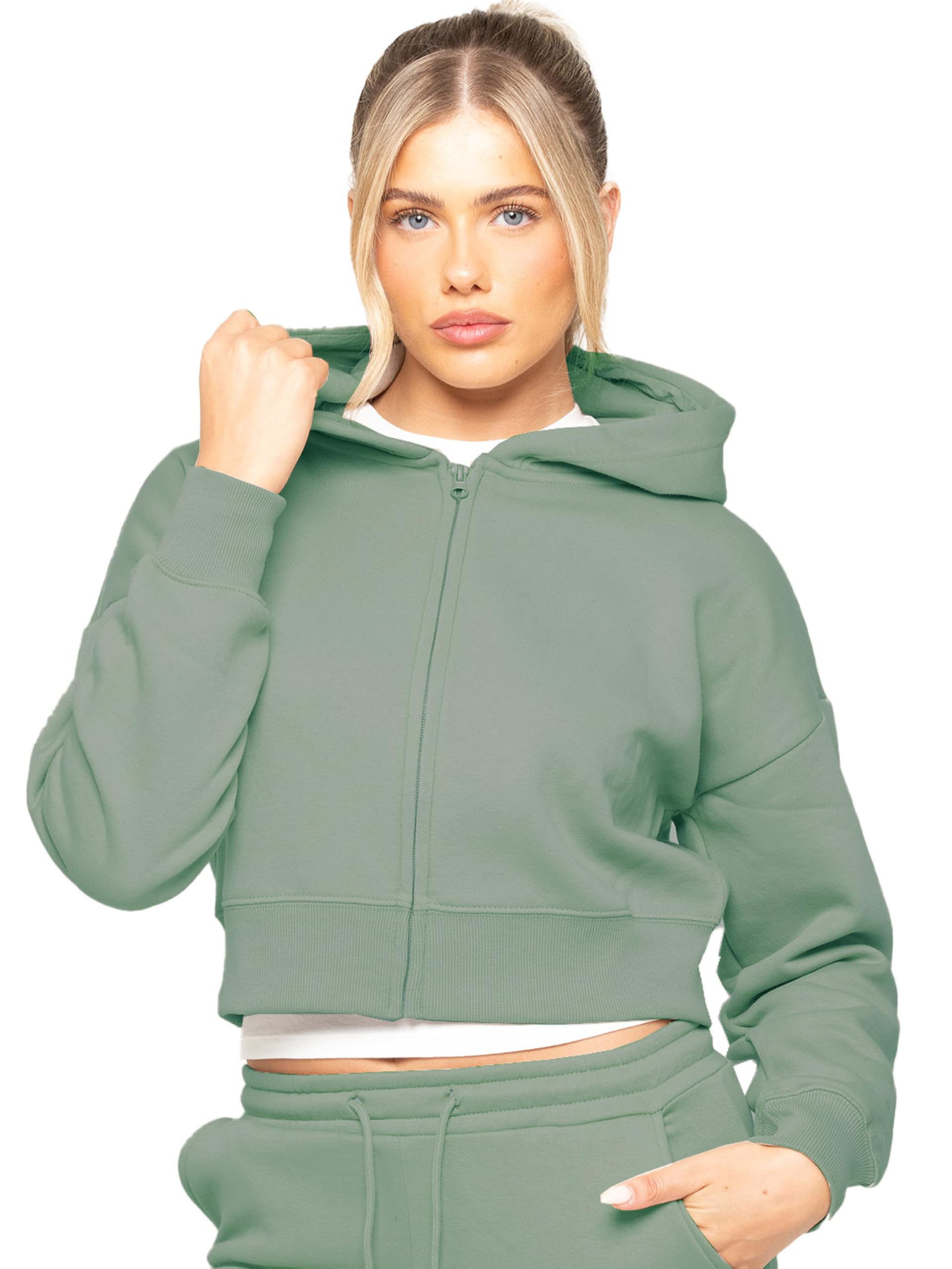 989Zé ENZO Womens Hoodie Top Casual Fleece Cropped Sweatshirt With Hood Crop Hoody (UK, Alpha, XL, Regular, Regular, Khaki)