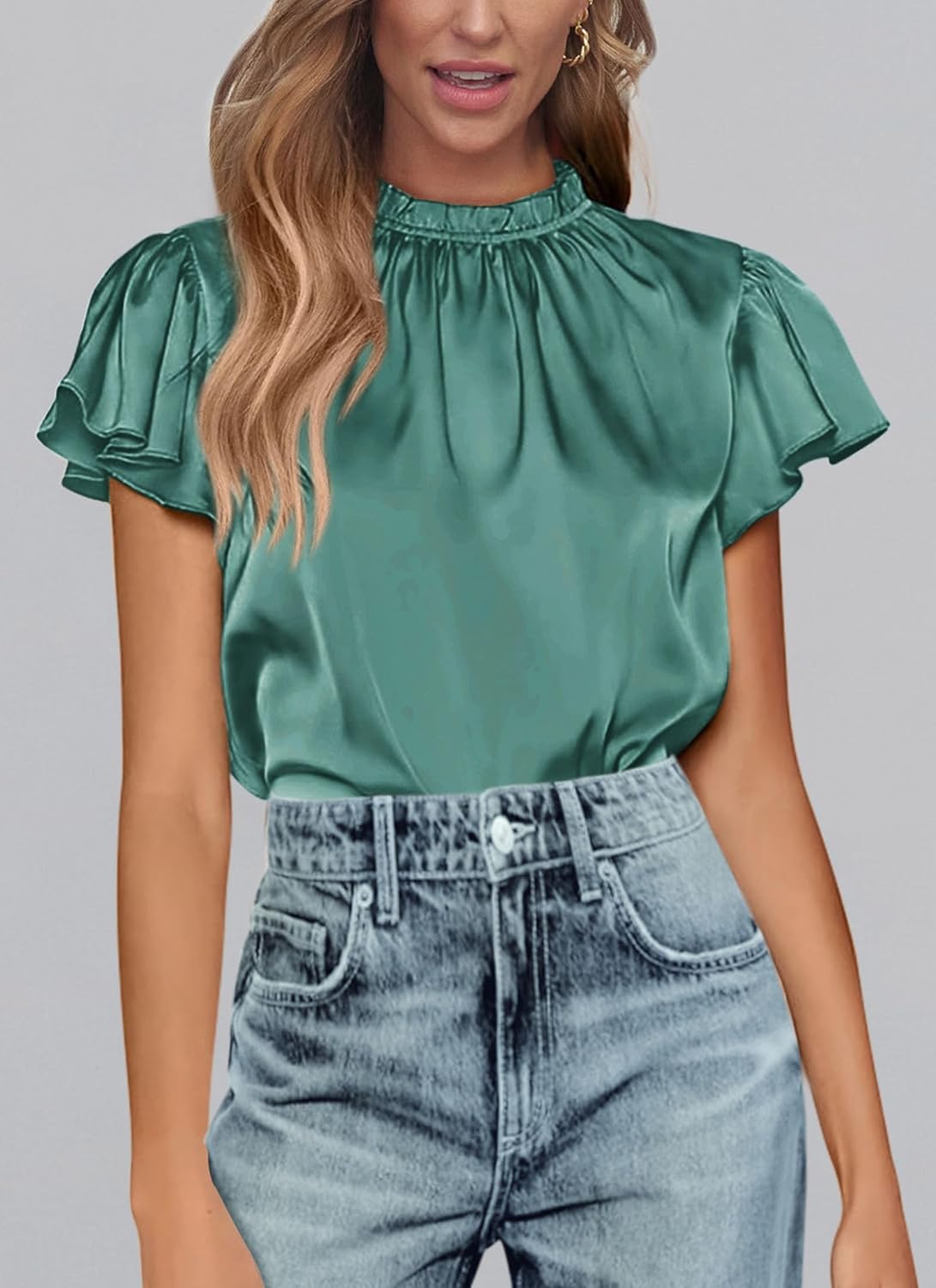 PRETTYGARDEN Business Casual Tops for Women Blouses Dressy 2026 Summer Short Sleeve Ruffle Satin Work Office Attire - Image 3