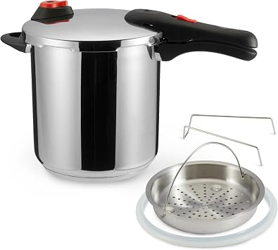 Amazon Basics Stainless Steel Pressure Cooker with Steamer and Extra Silicone Ring, 9 litres