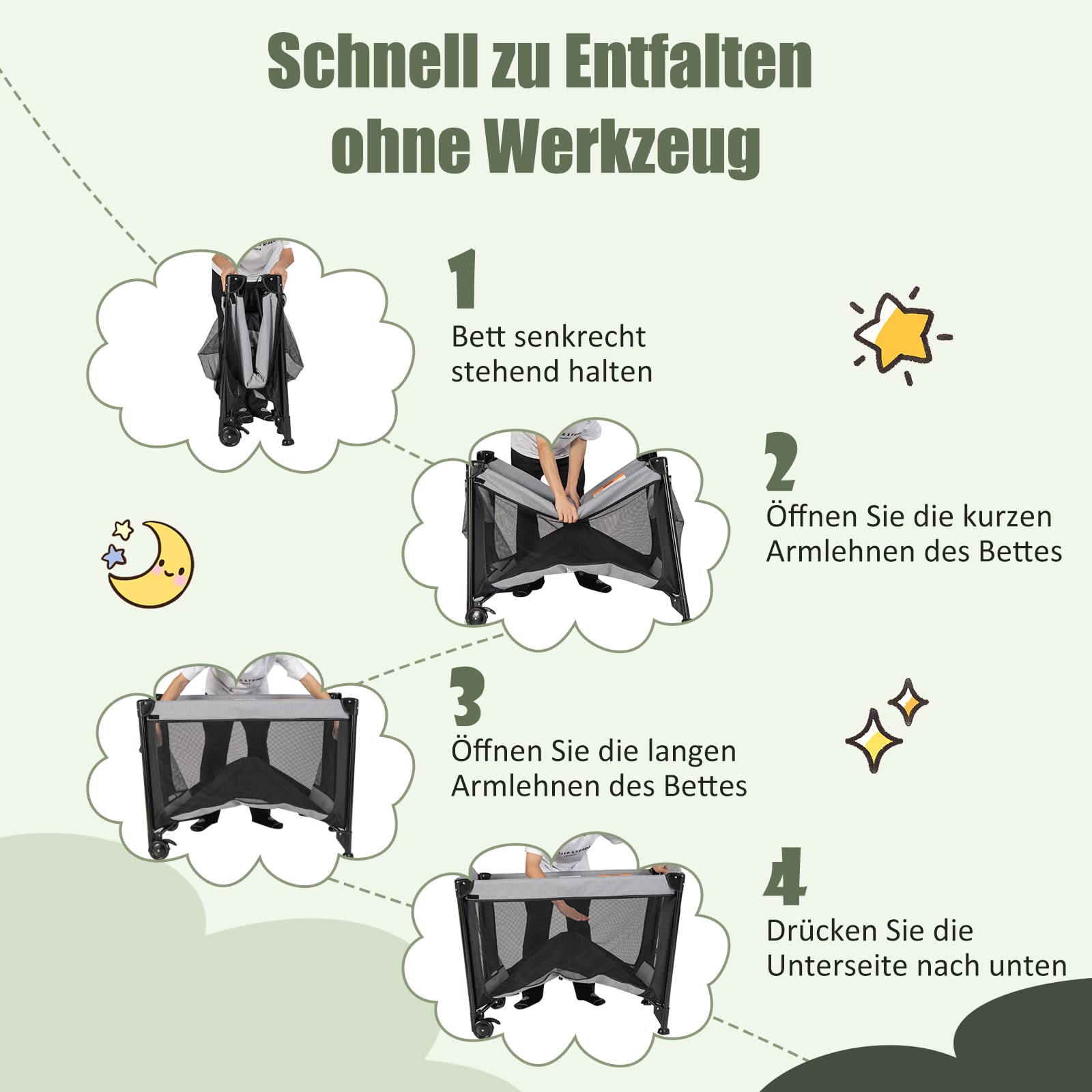 DREAMADE Reisebett Baby mit Matratze, Beistellbett mit Wiege & Wickelauflage, Babybett Set für Neugeborene & Baby bis 36 Monate,110 x 78 cm