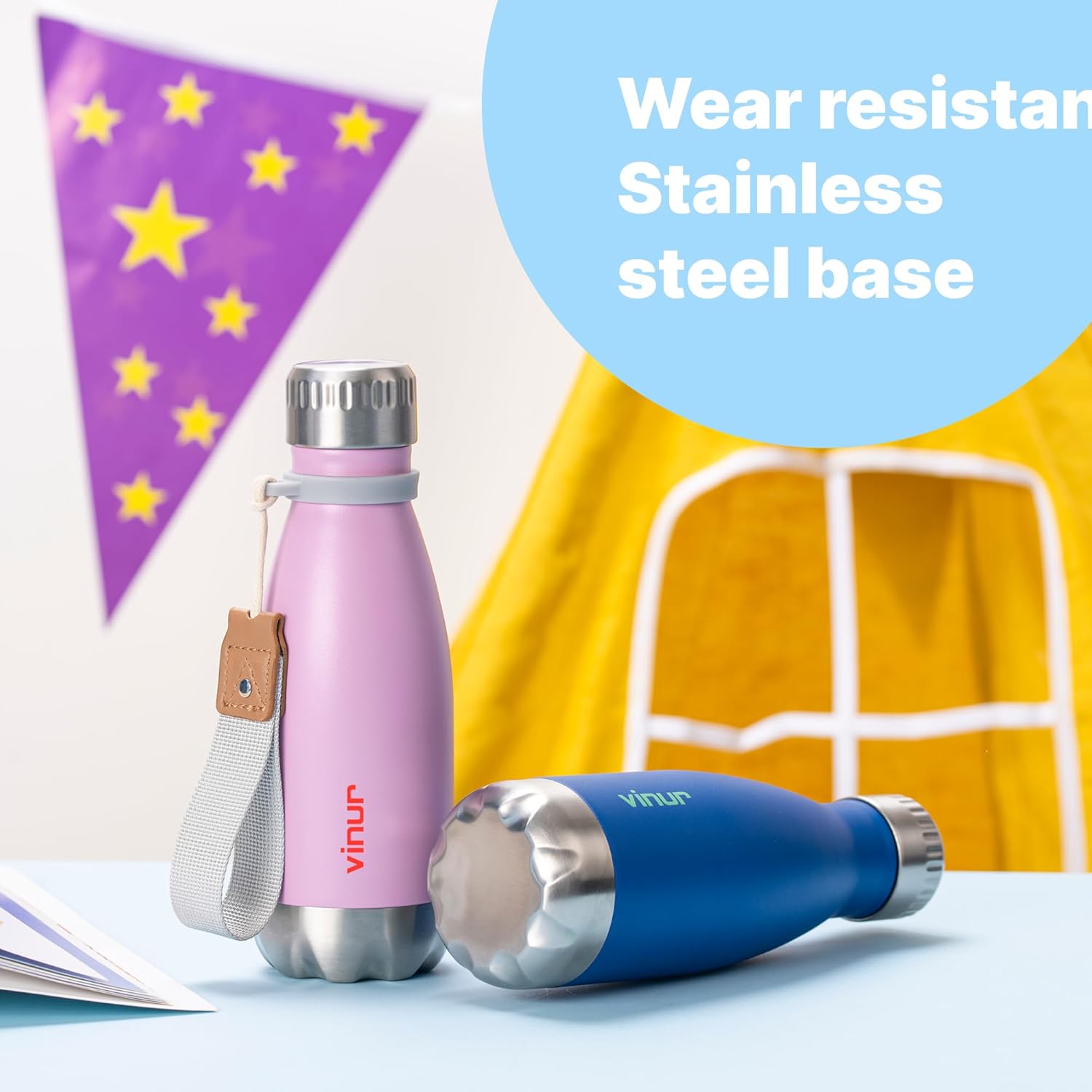 VINUR Kids Leak Proof Water Bottle-9 oz Stainless Steel Double Wall Vacuum Insulated Water Bottle for School-Cola Shape Flask with Carry Rope(Navy) - Image 4