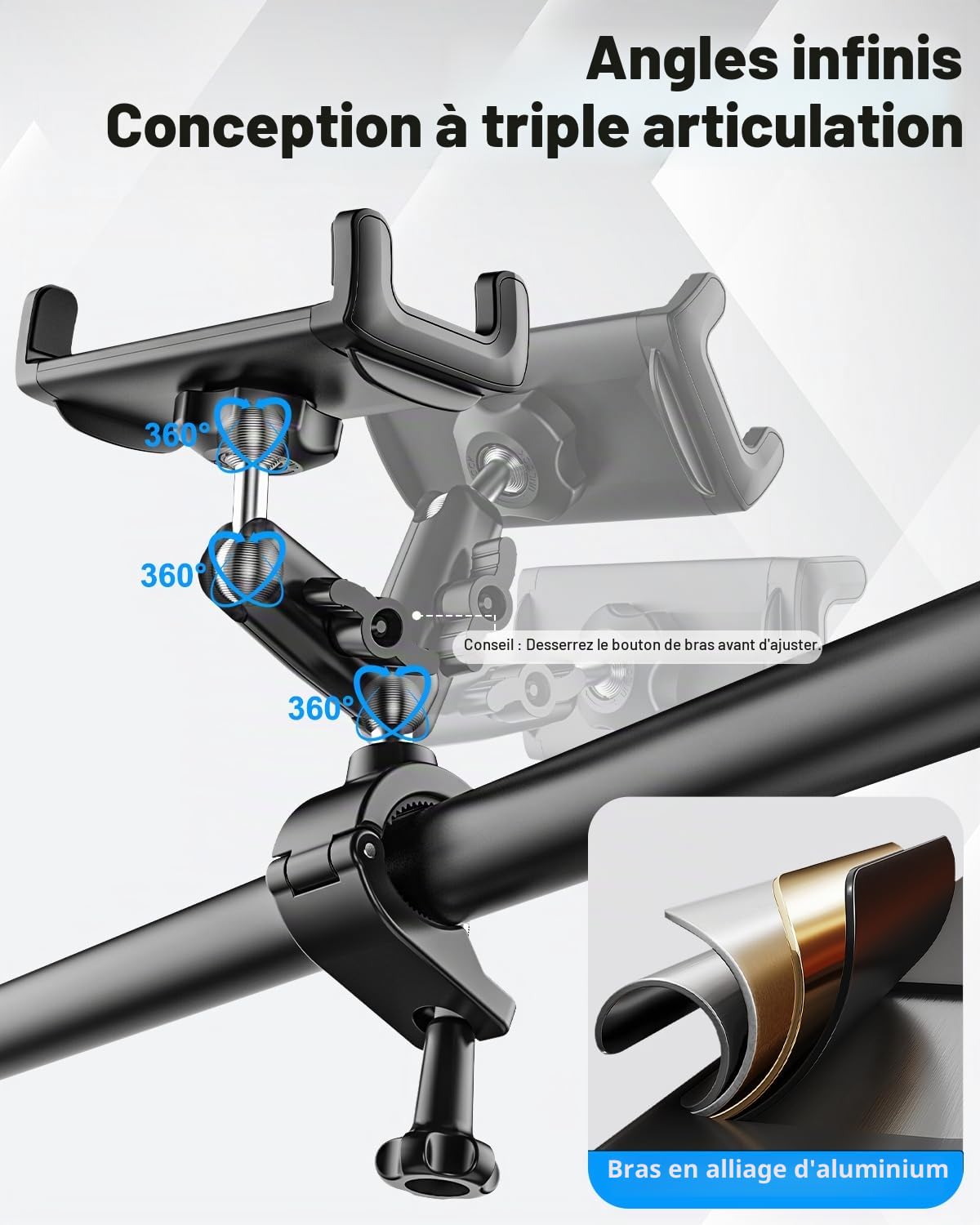 Support de tablette de vélo, support de tablette de vélo super stable avec bras en métal, support de téléphone de scooter réglable à 360 degrés pour iPad Pro Air Mini, iPhone, Galaxy