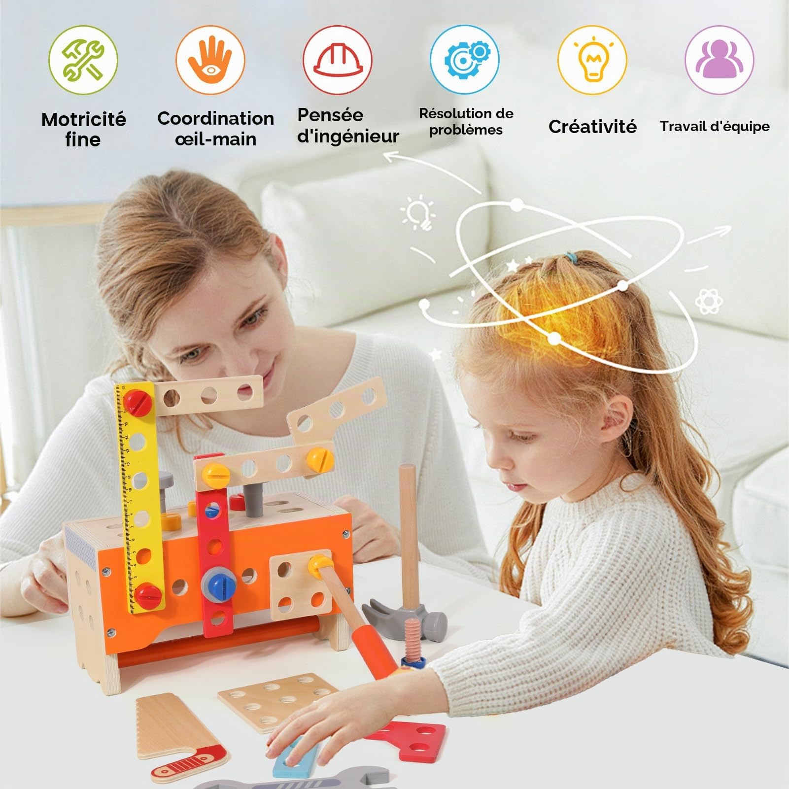 XIAPIA Boîte à Outils en Bois pour Enfants – 124 Pièces Deluxe, Kit de Construction Grande Taille, Jouet Éducatif, Développement de la Motricité et de la Créativité – Dès 3 Ans