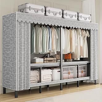 49.2in Heavy Duty Portable Closet with Cover 2000Ibs Foldable Covered Clothes Rack for Hanging Armoire Wardrobe Closet System Freestanding Coat Storage Garment Racks (125cm/49.2in（Hazy Gray）)