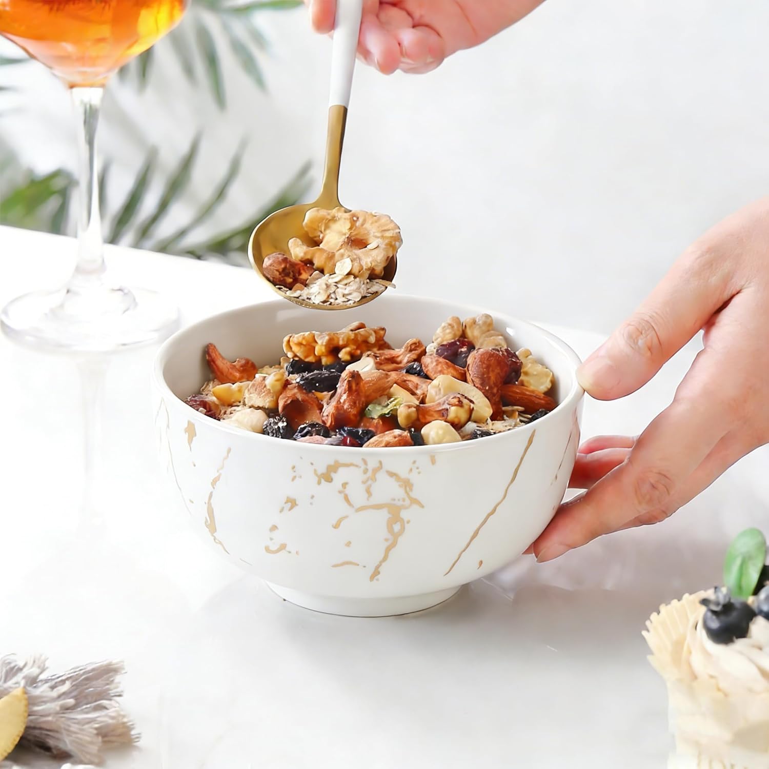 Marble Ceramic Cereal Bowls Set of 6, 20 oz Bohemian Soup Bowl, White Bowls Set for Kitchen, Dessert Bowls for Salad, Pasta, Oatmeal, Ramen, Oatmeal, Fruit, Dishwasher & Microwave Safe