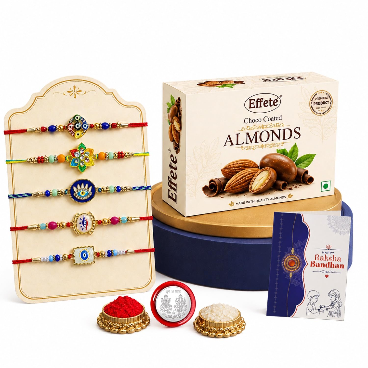 DeoDap Chocolate with Rakhi Combo for Brother – Multicolored Beads Rakhi (5 Pc) with Silver Color Pooja Coin & Greeting Card, Choco Coated Almonds (32 Gm), Raksha Bandhan Celebration Combo for Bhai discount deal