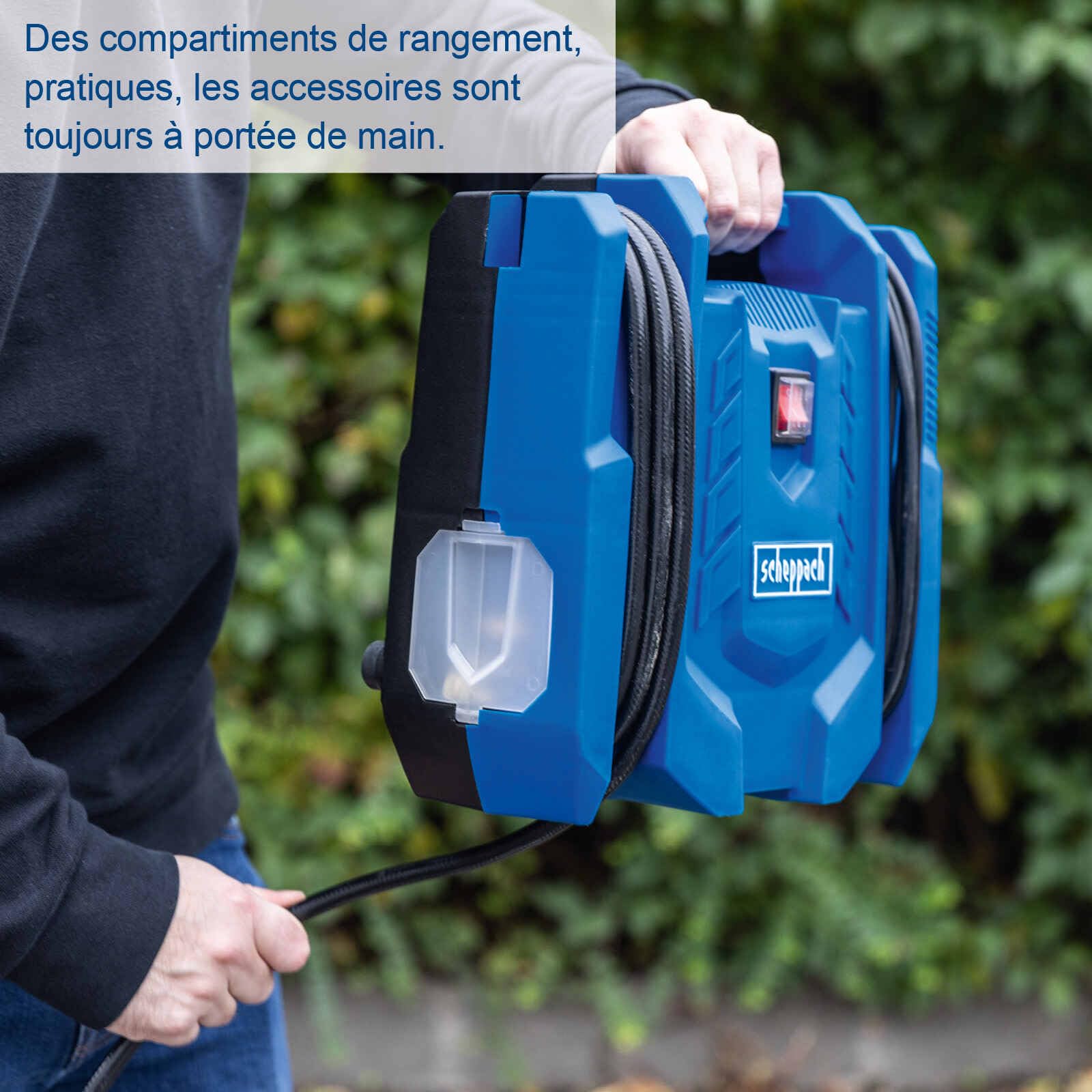 Scheppach Airforce 7 Compresseur d'air mobile | 230 V 1100 W | Pression 8 bar | 180 l/min | Sans huile et mobile | Rayon de travail de 8 m | Avec tuyau de 4 m, câble de 4 m, gonfleur de pneus