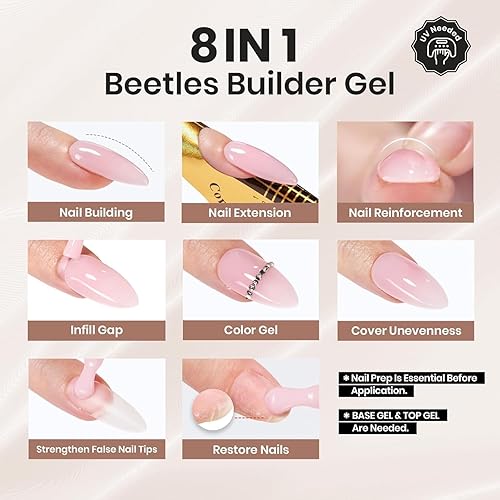 Miniatura 22 de Beetles Builder Gel de 0.5 onzas líquidas, gel fortalecedor 7 en 1 translúcido rosa nude, cepillo de extensión de uñas de gel UV en botella, no se