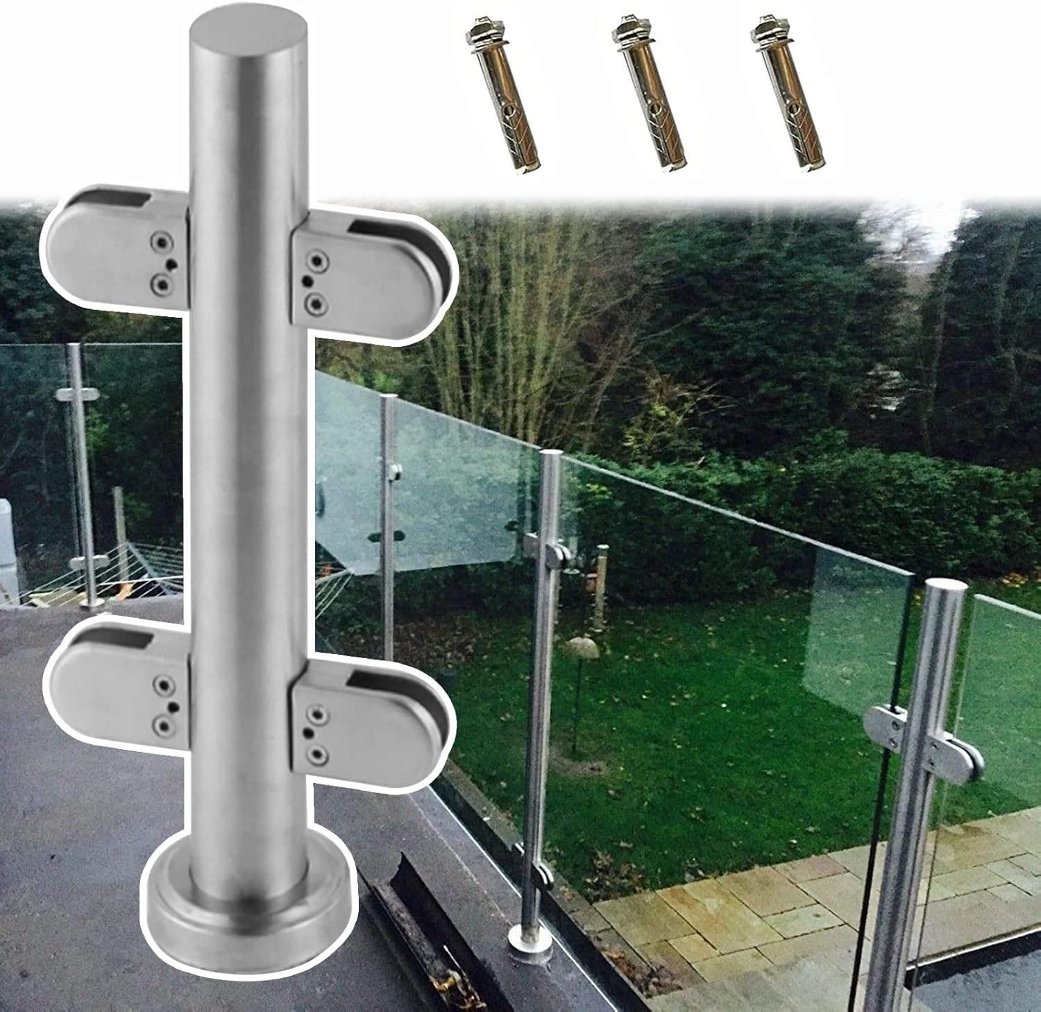 Silver Glass Railing Post for Balcony/Decking, Stainless Steel Glass Balustrade Clamp Kit, Round Glass Panel Post with Install Fittings(Mid Post-85cm/33.5")