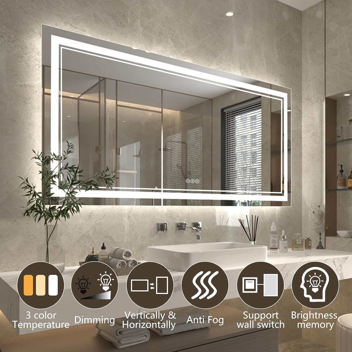 Icons representing mirror features: 3 color temperature, dimming, vertical/horizontal mounting, anti-fog, wall switch support, brightness memory