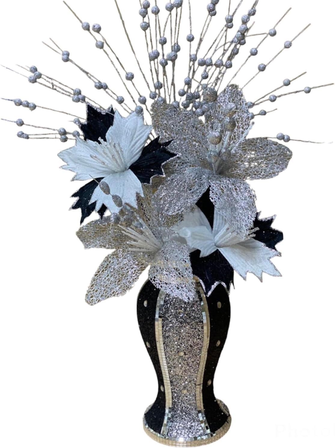 Shabjy Black Silver Mosaic Crushed Crystal Bling Vase, Romany Style, 30Cm, For Home, Office, Bedroom, Bathroom, Living Room, Hallway Decoration (No Flower Included)