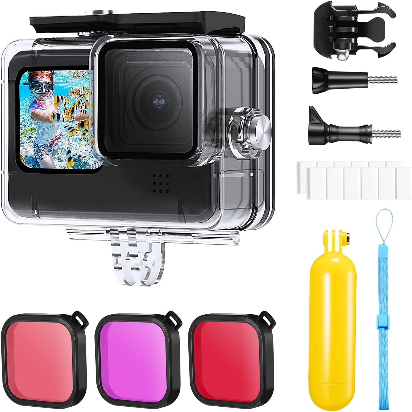 K&F Concept Carcasa impermeable con filtro para Go Pro Hero12, Hero11, Hero10, Hero 9, juego de accesorios con mango flotante, soporte de liberación rápida/tornillos, anticongelante