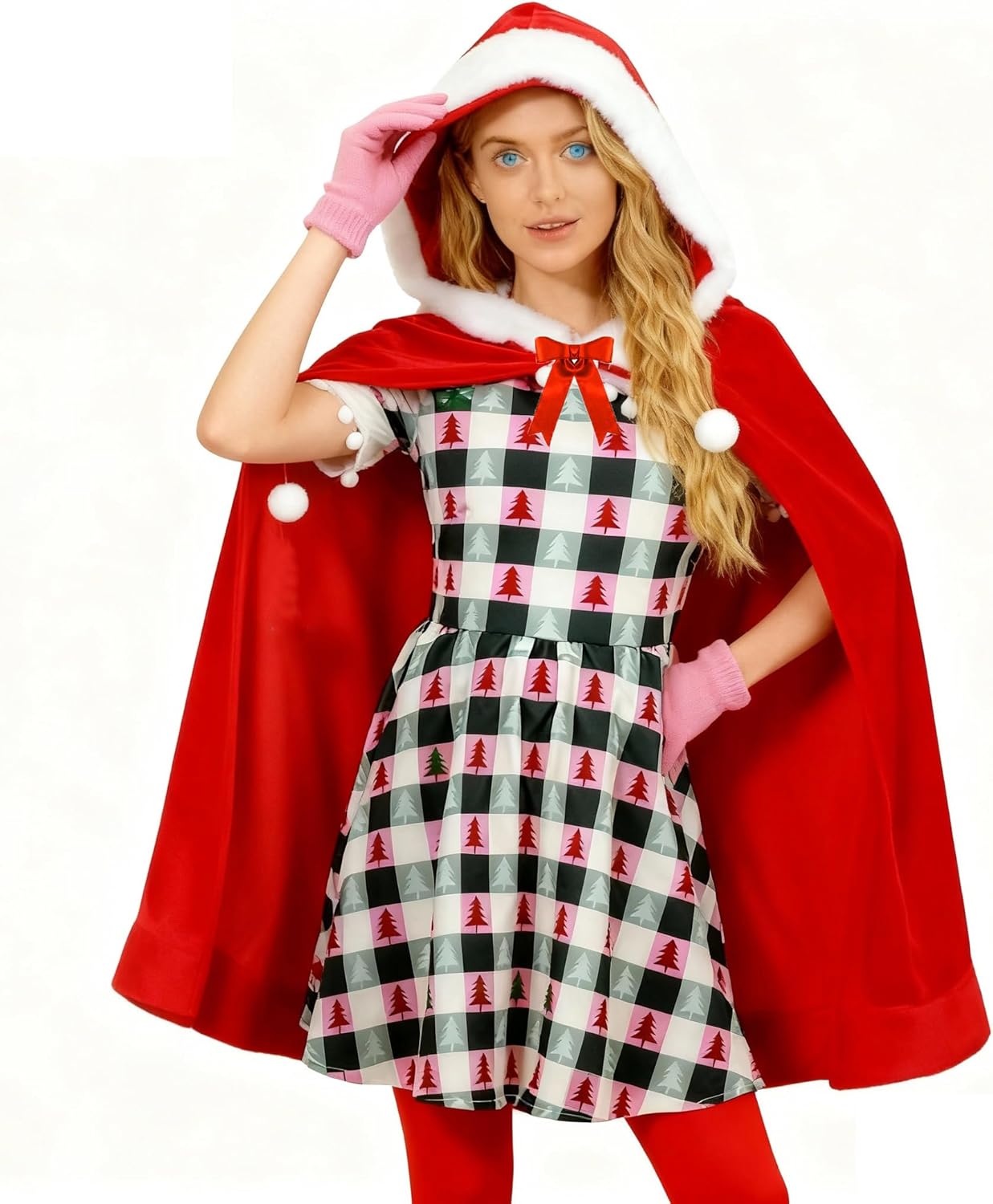 Womens Cindy Lou Who Costume Adult 7 PCS Christmas Plaid Dress with Red Velvet Cape Santa Dress up - Image 3