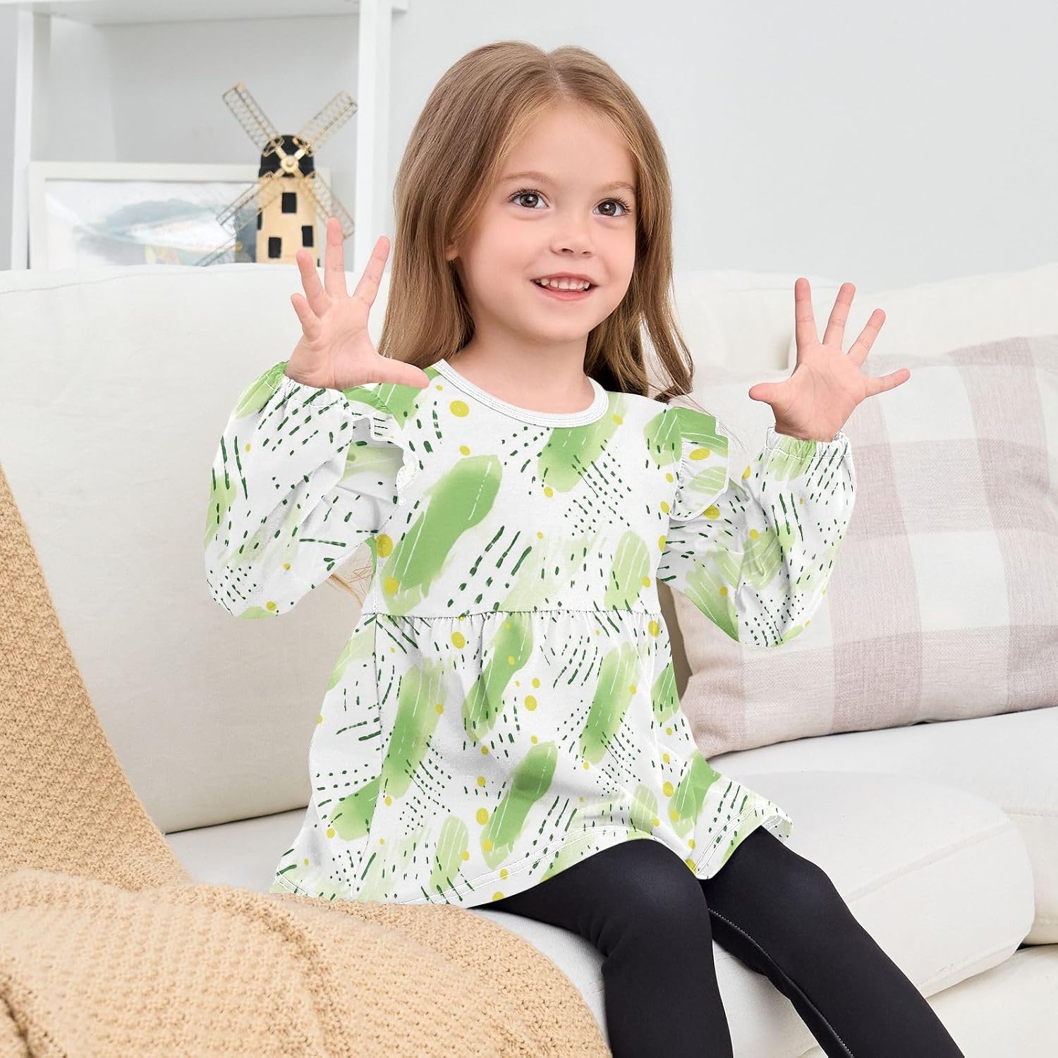 visesunny Toddler Clothes for Girls Simple Green Grass Long Sleeve Fall Shirts Cotton Top with Ruffle Collar