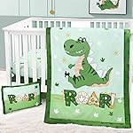 Cloele Crib Bedding Set for Boys,4 Piece Dinosaur Baby Bedding Set,Standard Size Toddler Nursery Bedding Includes Comforter,Crib Skirt,Fitted Sheet&Pillowcase,Soft Dinosaur Blanket-Green