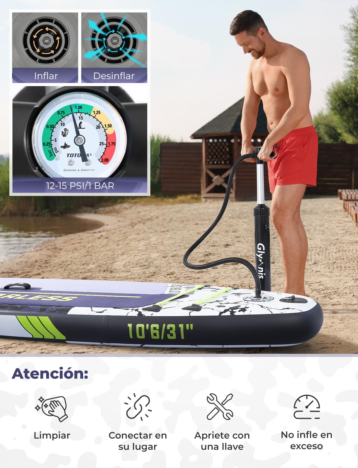 Glymnis Tabla Paddle Surf Hinchable, Tabla de Sup Stand Up Paddle Board de 320×81×15cm, Tabla de Surf de Remo con Bomba de Aire Ajustable y Accesorios Completos