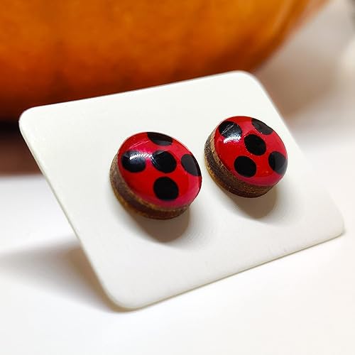 Miniatura 6 de Aretes de tachuelas, mariquita, manchas negras de 10 mm, aretes redondos para mujeres y niñas hechos a mano, entradas de acero inoxidable para