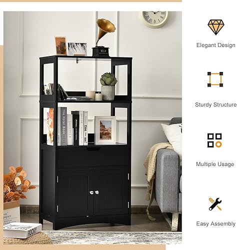 Miniatura 8 de Tangkula Armario de suelo de baño con cajón, 2 estantes abiertos y armario de puerta, gabinete de almacenamiento multiusos para baño, cocina, sala